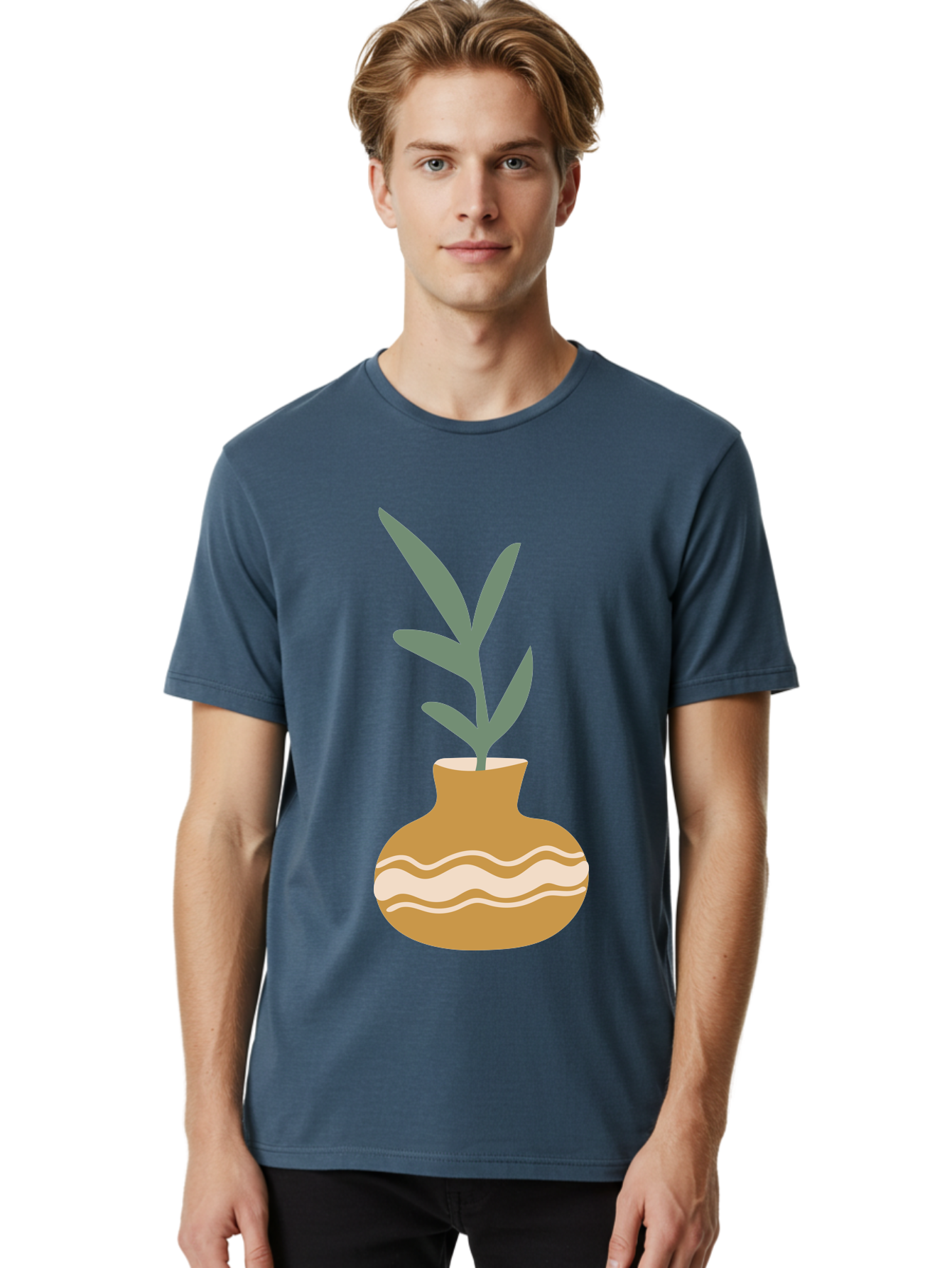 Pot-With-Plant Men'S Graphic Tee, 100% Cotton, Comfortable Casual Summer Wear, Machine Washable, Tan Pot, Wavy Lines, White Accents, Leaves, Plant, Ceramic, Earthy Tones, Simple Design, Botanical Illustration Aae045 12