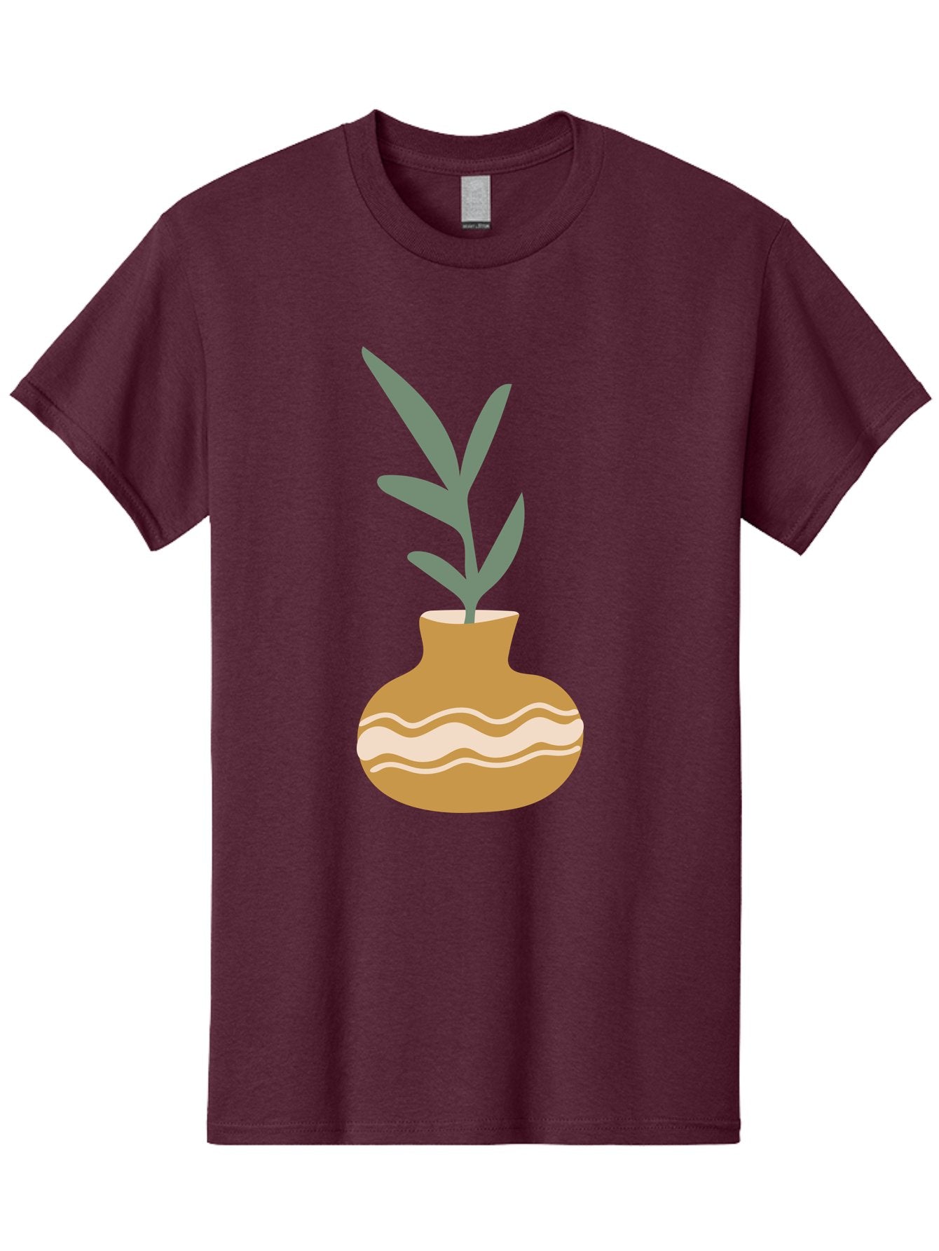 Pot-With-Plant Men'S Graphic Tee, 100% Cotton, Comfortable Casual Summer Wear, Machine Washable, Tan Pot, Wavy Lines, White Accents, Leaves, Plant, Ceramic, Earthy Tones, Simple Design, Botanical Illustration Aae045 3