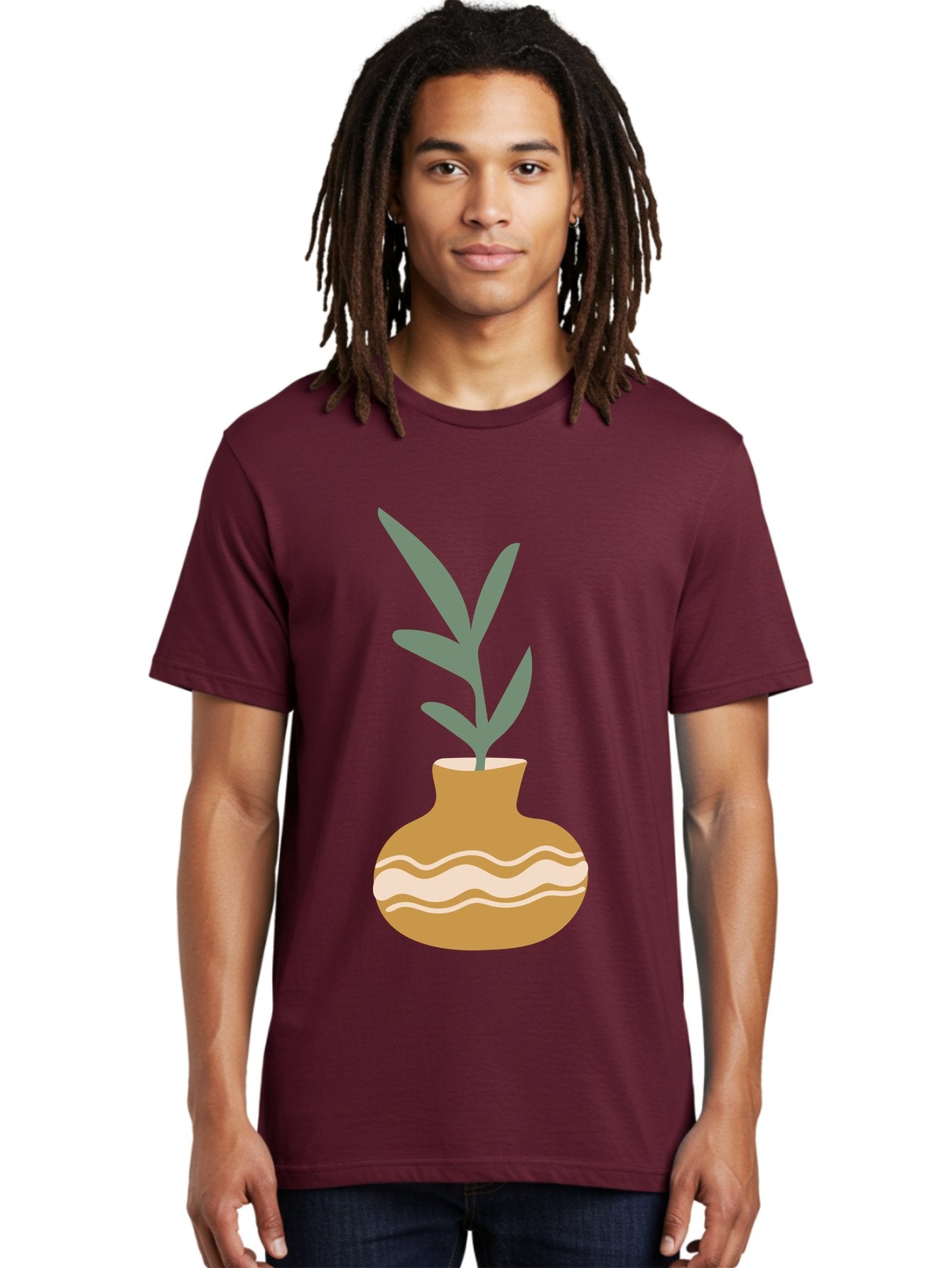 Pot-With-Plant Men'S Graphic Tee, 100% Cotton, Comfortable Casual Summer Wear, Machine Washable, Tan Pot, Wavy Lines, White Accents, Leaves, Plant, Ceramic, Earthy Tones, Simple Design, Botanical Illustration Aae045 22