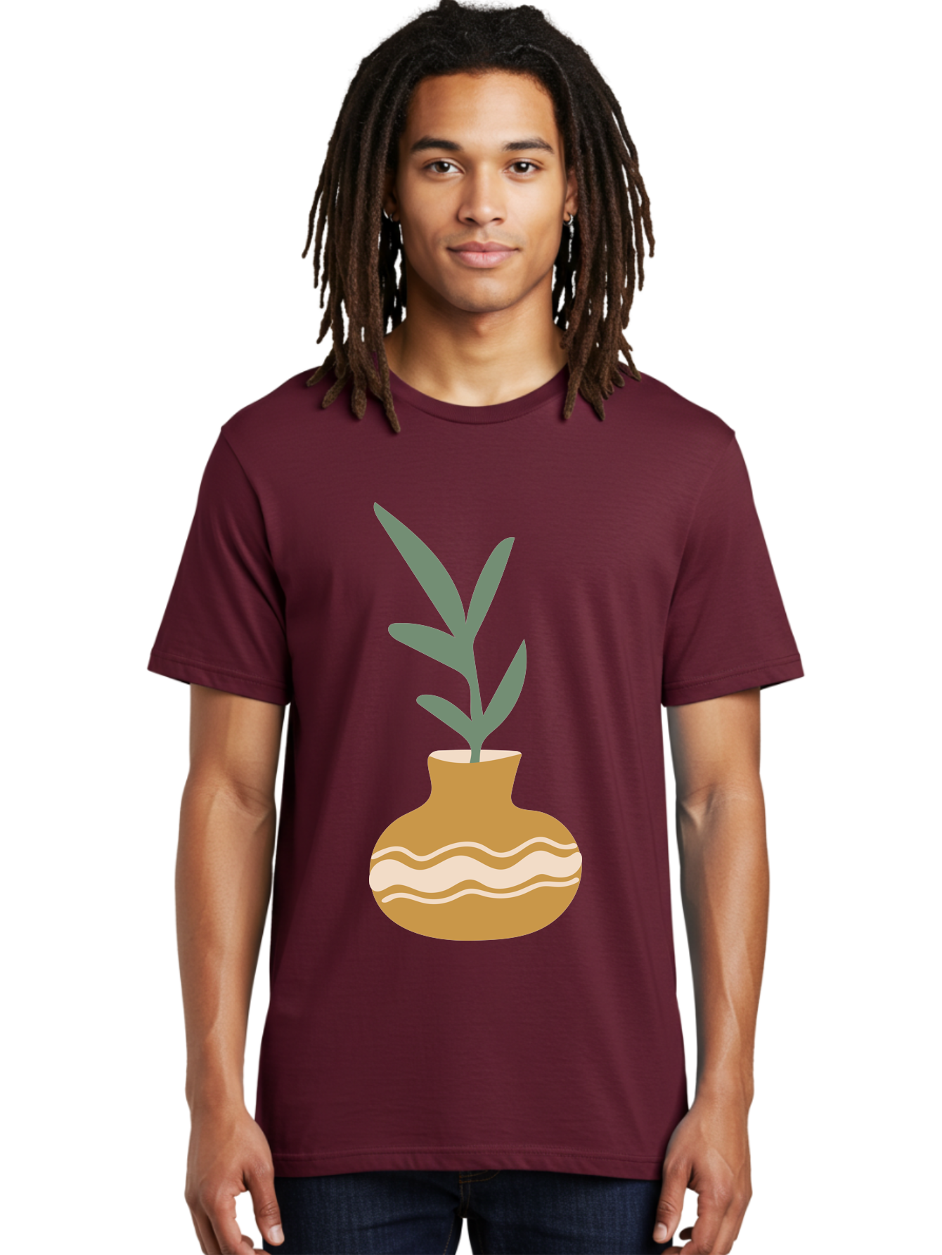 Pot-With-Plant Men'S Graphic Tee, 100% Cotton, Comfortable Casual Summer Wear, Machine Washable, Tan Pot, Wavy Lines, White Accents, Leaves, Plant, Ceramic, Earthy Tones, Simple Design, Botanical Illustration Aae045 18