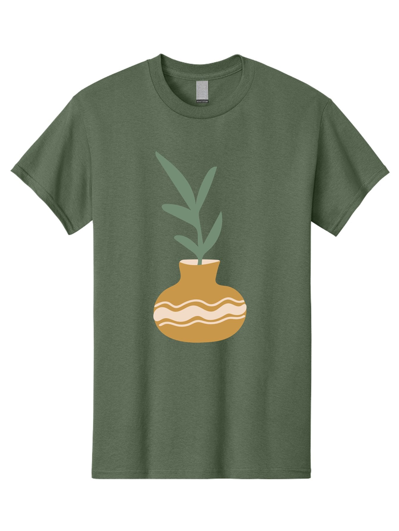 Pot-With-Plant Men'S Graphic Tee, 100% Cotton, Comfortable Casual Summer Wear, Machine Washable, Tan Pot, Wavy Lines, White Accents, Leaves, Plant, Ceramic, Earthy Tones, Simple Design, Botanical Illustration Aae045 11