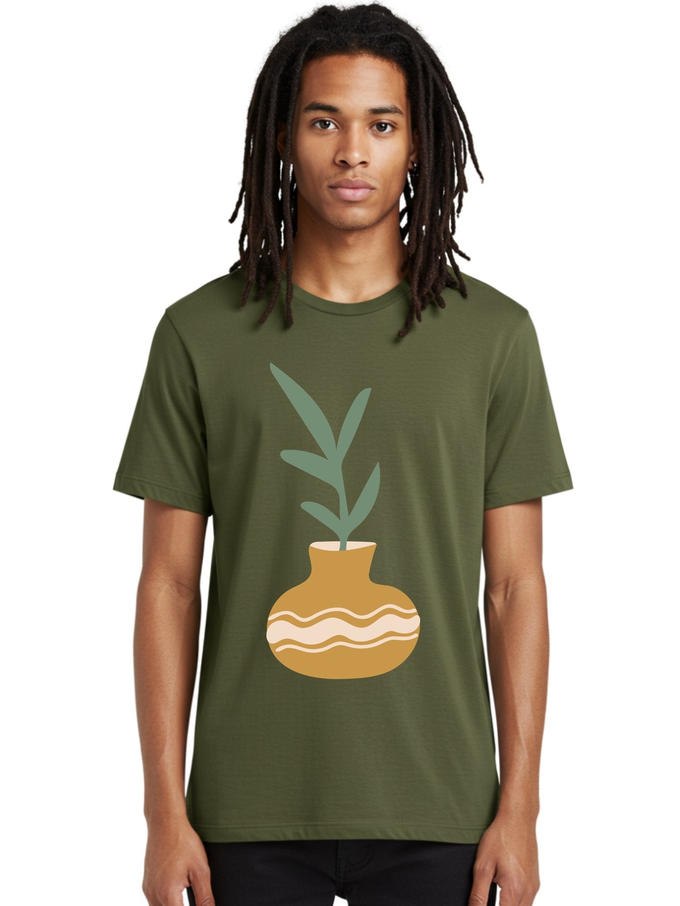 Pot-With-Plant Men'S Graphic Tee, 100% Cotton, Comfortable Casual Summer Wear, Machine Washable, Tan Pot, Wavy Lines, White Accents, Leaves, Plant, Ceramic, Earthy Tones, Simple Design, Botanical Illustration Aae045 27