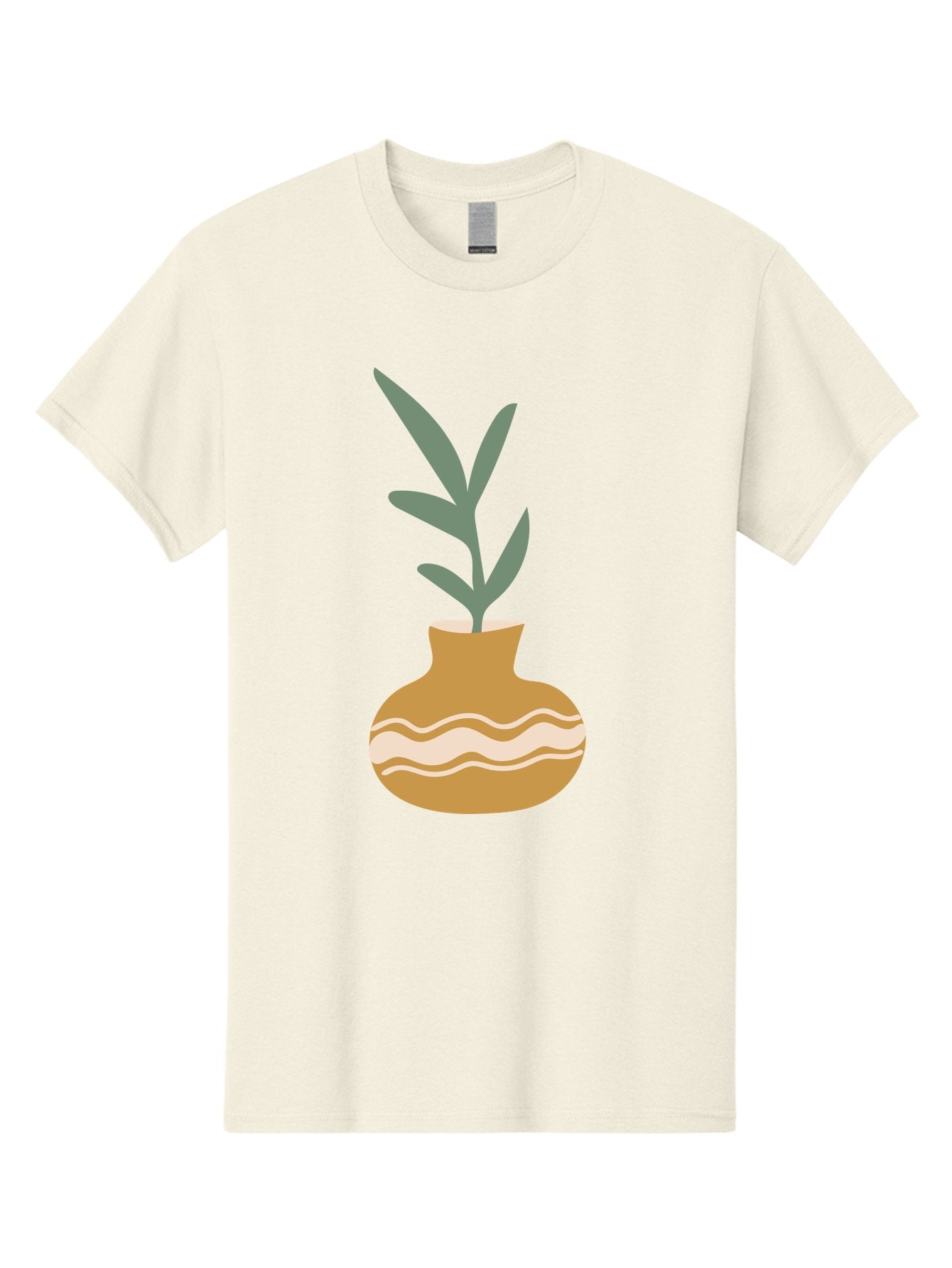 Pot-With-Plant Men'S Graphic Tee, 100% Cotton, Comfortable Casual Summer Wear, Machine Washable, Tan Pot, Wavy Lines, White Accents, Leaves, Plant, Ceramic, Earthy Tones, Simple Design, Botanical Illustration Aae045 12