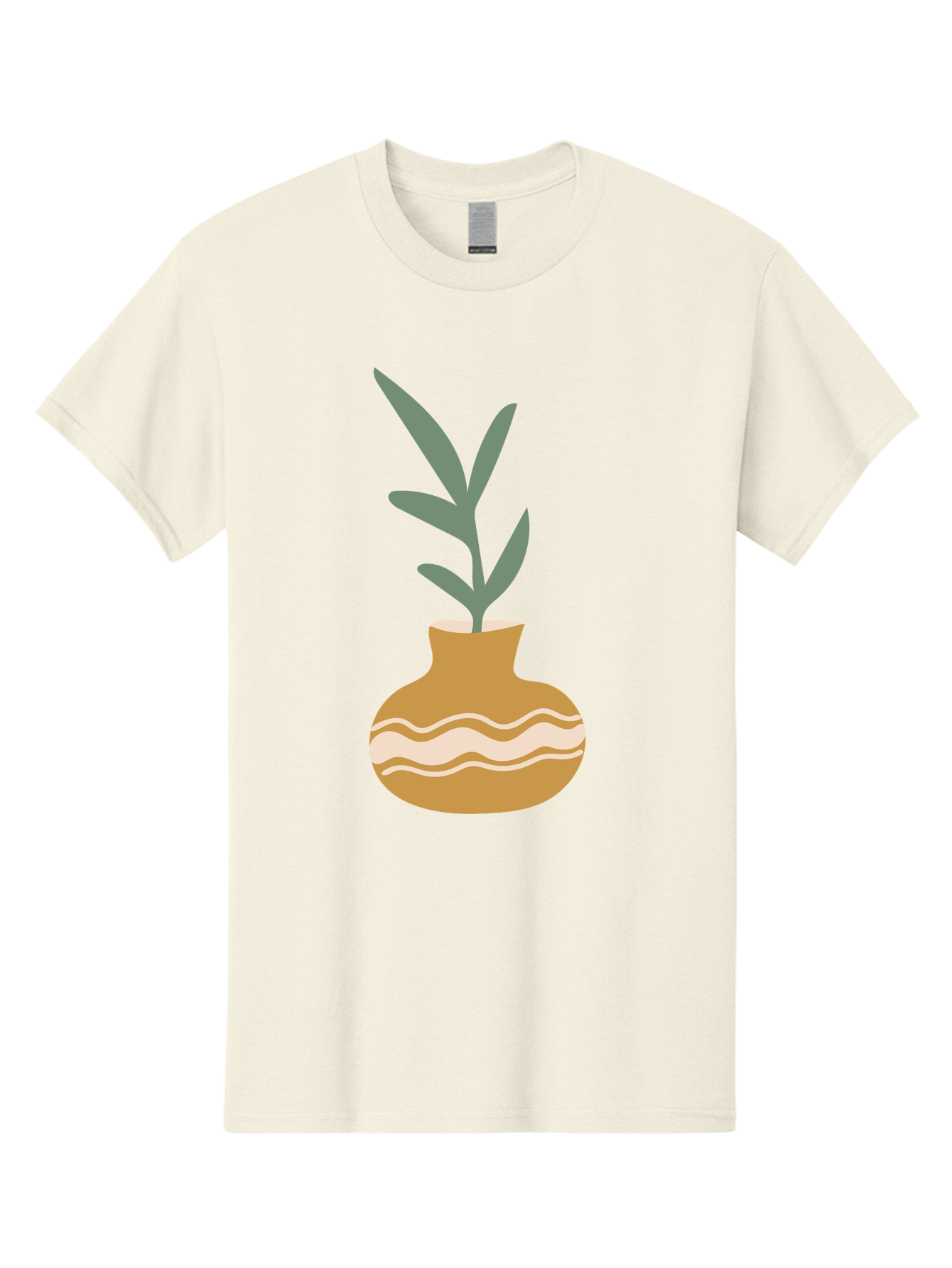 Pot-With-Plant Men'S Graphic Tee, 100% Cotton, Comfortable Casual Summer Wear, Machine Washable, Tan Pot, Wavy Lines, White Accents, Leaves, Plant, Ceramic, Earthy Tones, Simple Design, Botanical Illustration Aae045 5