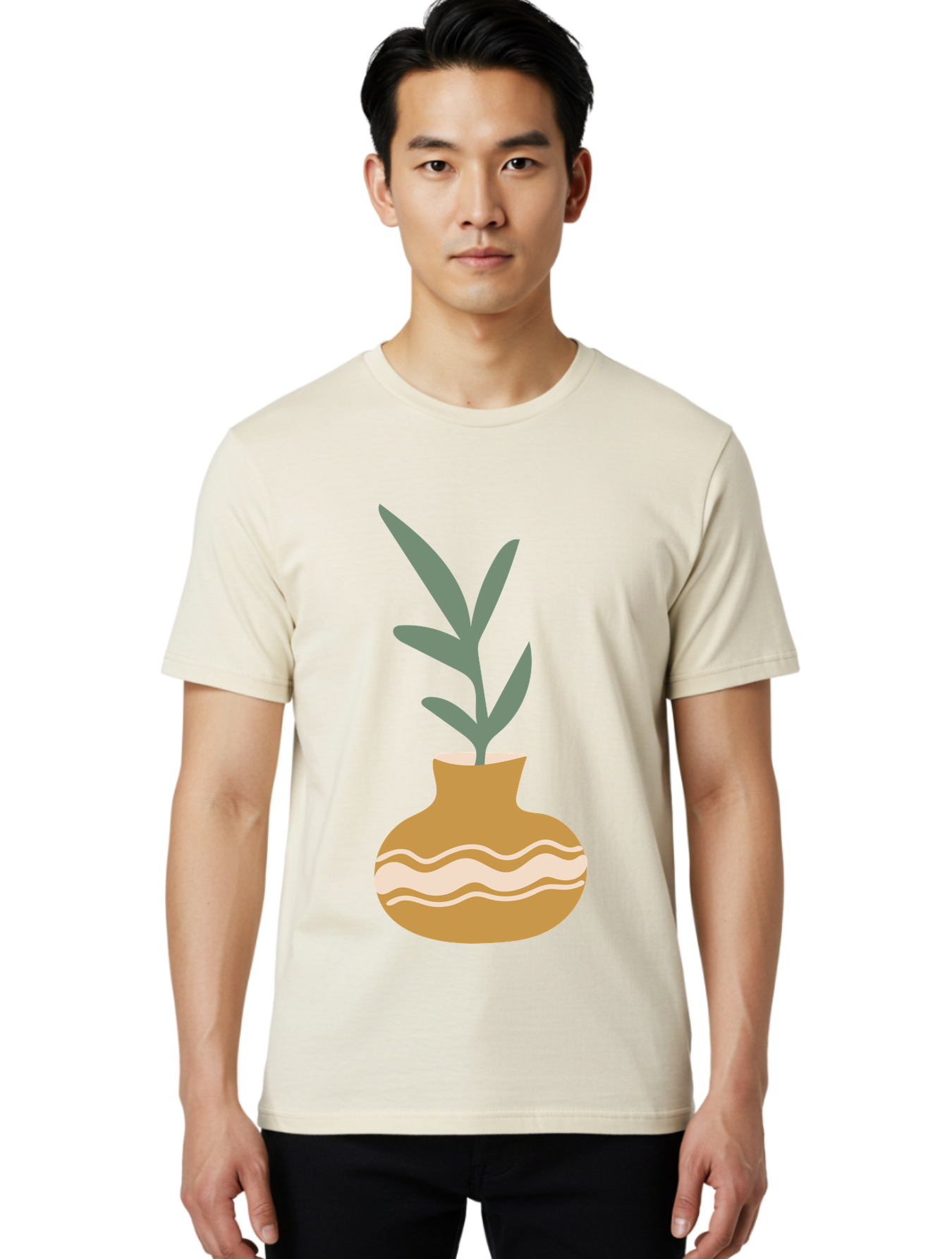 Pot-With-Plant Men'S Graphic Tee, 100% Cotton, Comfortable Casual Summer Wear, Machine Washable, Tan Pot, Wavy Lines, White Accents, Leaves, Plant, Ceramic, Earthy Tones, Simple Design, Botanical Illustration Aae045 6