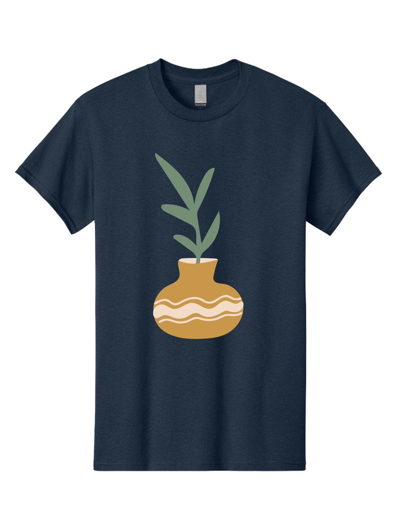 Pot-With-Plant Men'S Graphic Tee, 100% Cotton, Comfortable Casual Summer Wear, Machine Washable, Tan Pot, Wavy Lines, White Accents, Leaves, Plant, Ceramic, Earthy Tones, Simple Design, Botanical Illustration Aae045 10