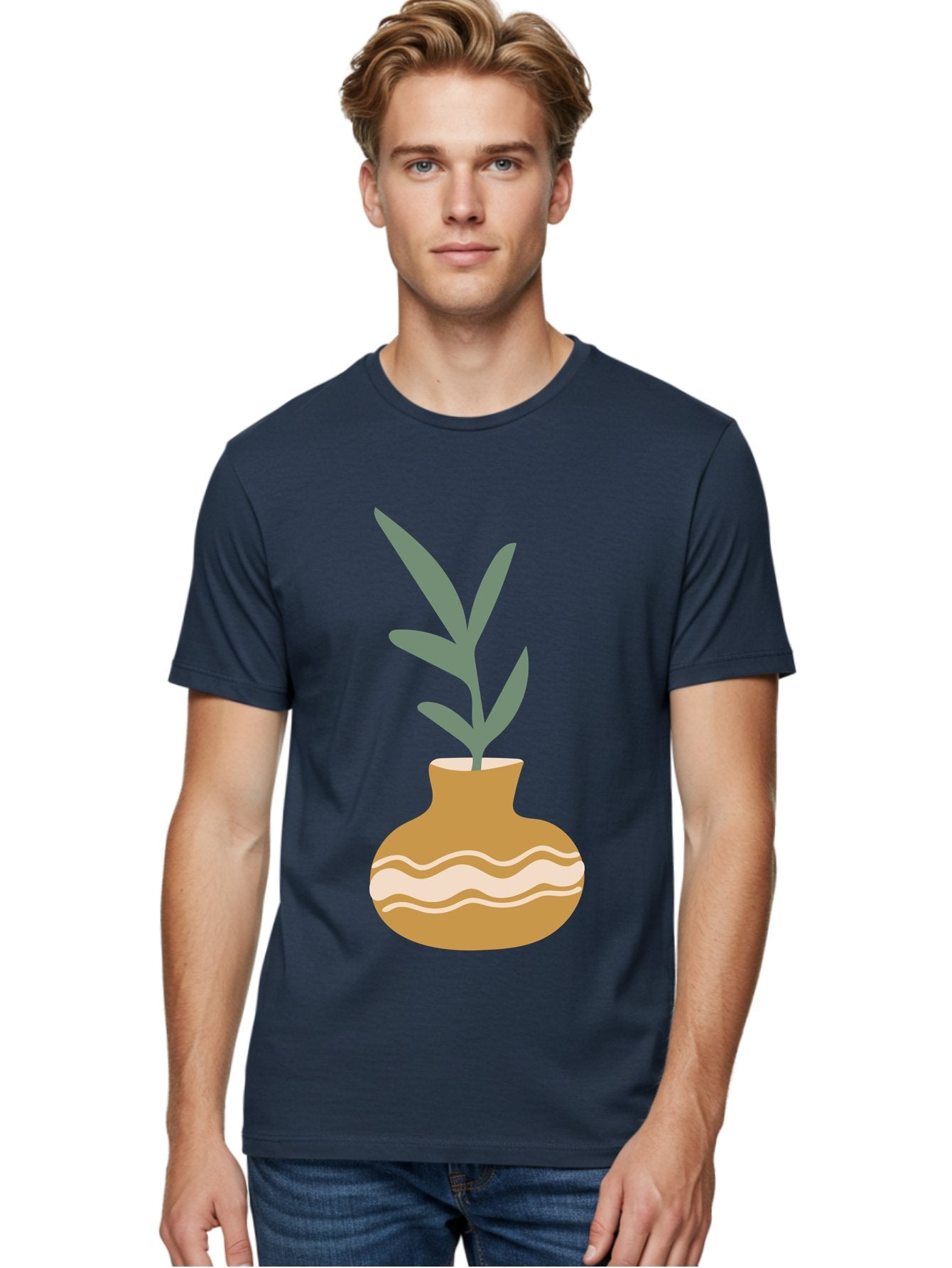 Pot-With-Plant Men'S Graphic Tee, 100% Cotton, Comfortable Casual Summer Wear, Machine Washable, Tan Pot, Wavy Lines, White Accents, Leaves, Plant, Ceramic, Earthy Tones, Simple Design, Botanical Illustration Aae045 17