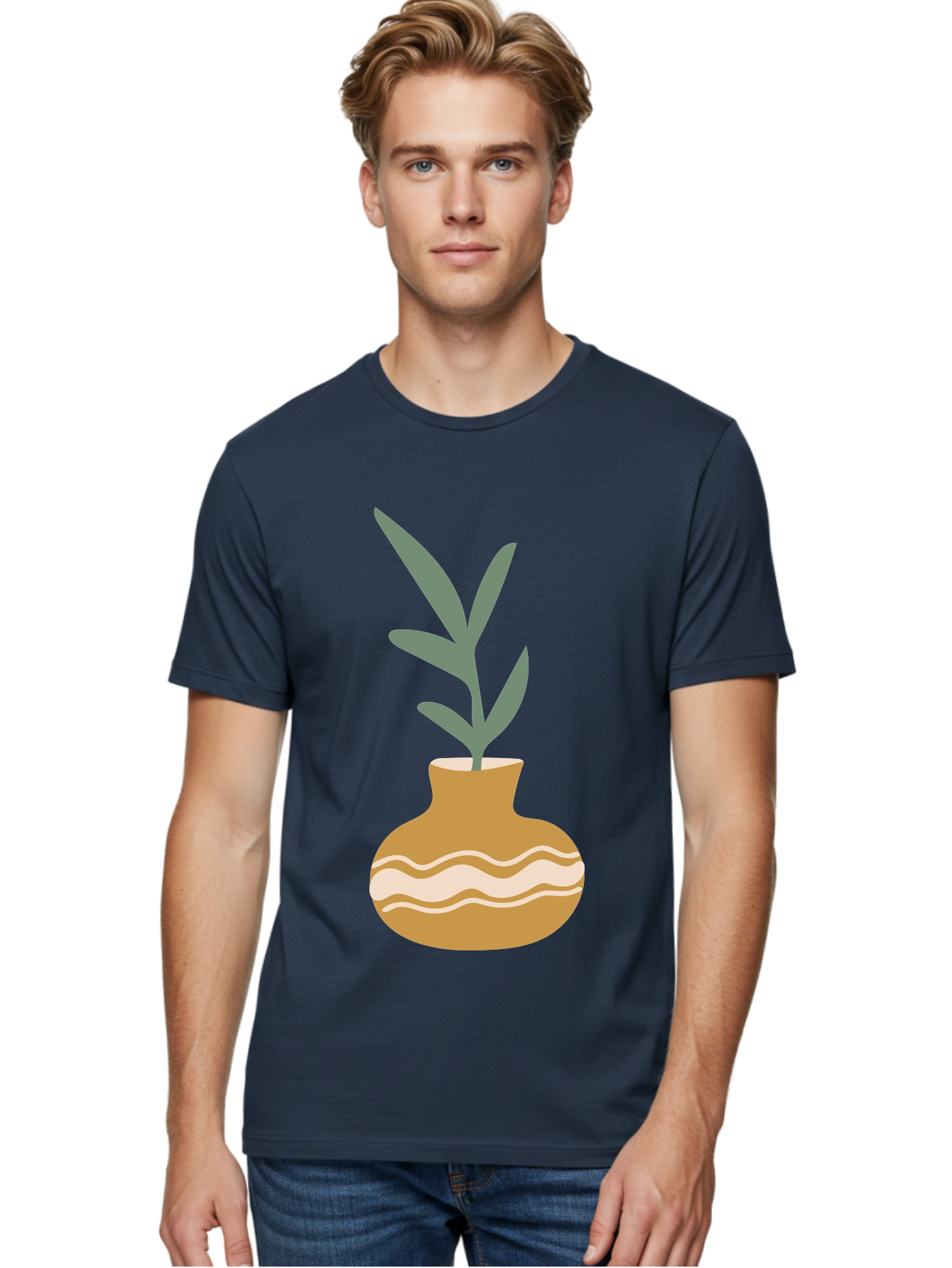 Pot-With-Plant Men'S Graphic Tee, 100% Cotton, Comfortable Casual Summer Wear, Machine Washable, Tan Pot, Wavy Lines, White Accents, Leaves, Plant, Ceramic, Earthy Tones, Simple Design, Botanical Illustration Aae045 28