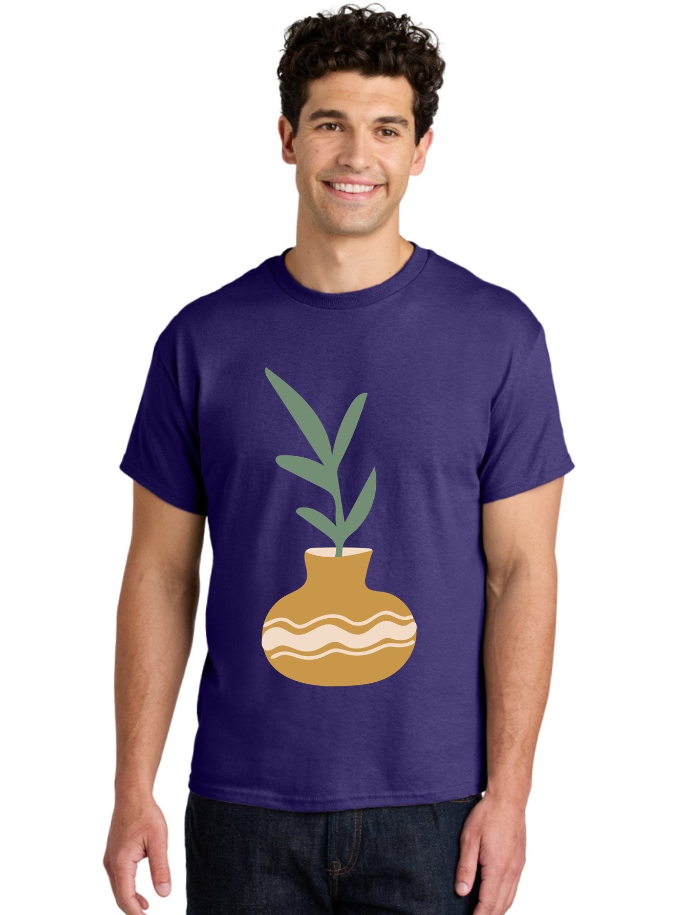 Pot-With-Plant Men'S Graphic Tee, 100% Cotton, Comfortable Casual Summer Wear, Machine Washable, Tan Pot, Wavy Lines, White Accents, Leaves, Plant, Ceramic, Earthy Tones, Simple Design, Botanical Illustration Aae045 30