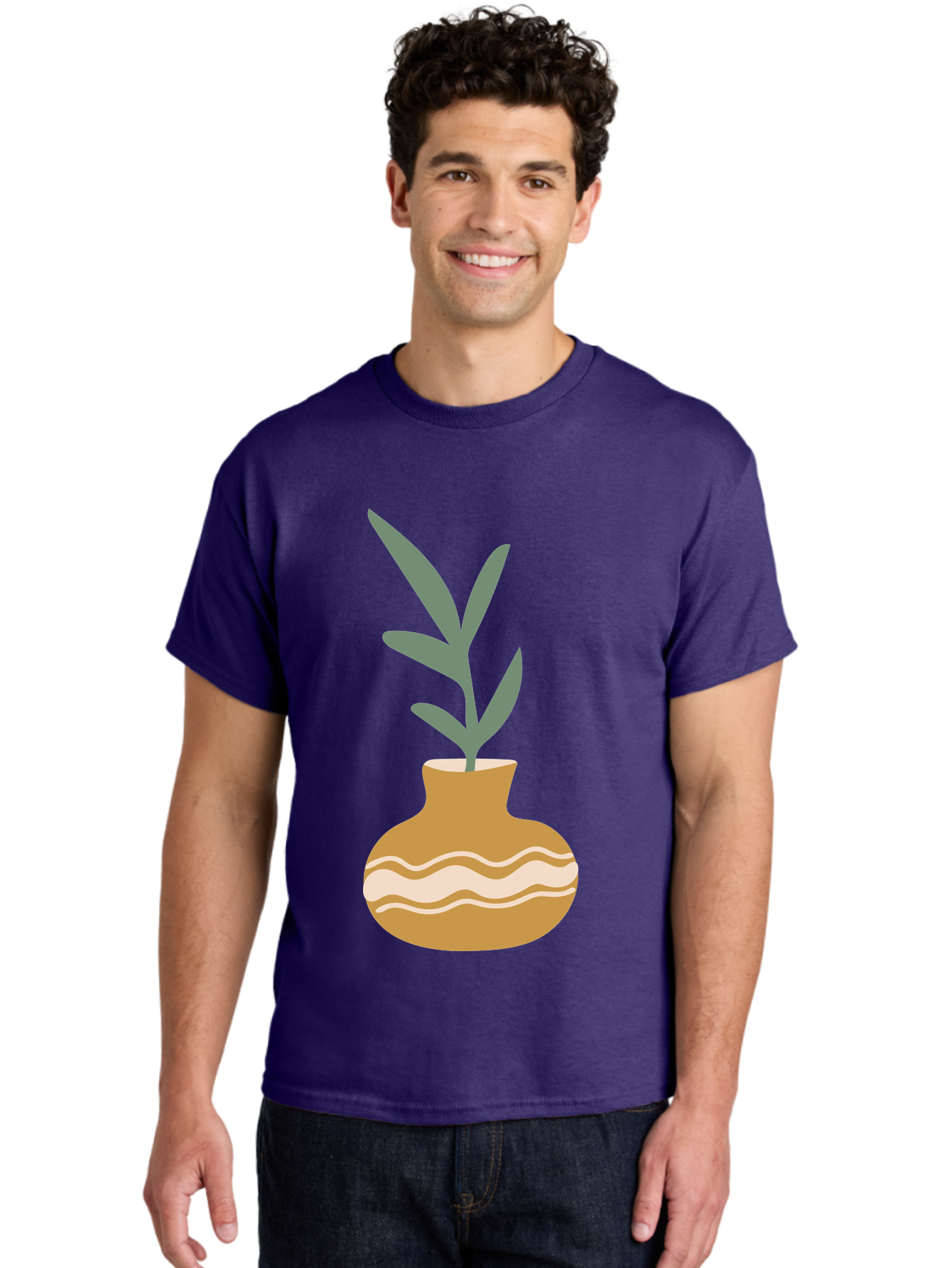 Pot-With-Plant Men'S Graphic Tee, 100% Cotton, Comfortable Casual Summer Wear, Machine Washable, Tan Pot, Wavy Lines, White Accents, Leaves, Plant, Ceramic, Earthy Tones, Simple Design, Botanical Illustration Aae045