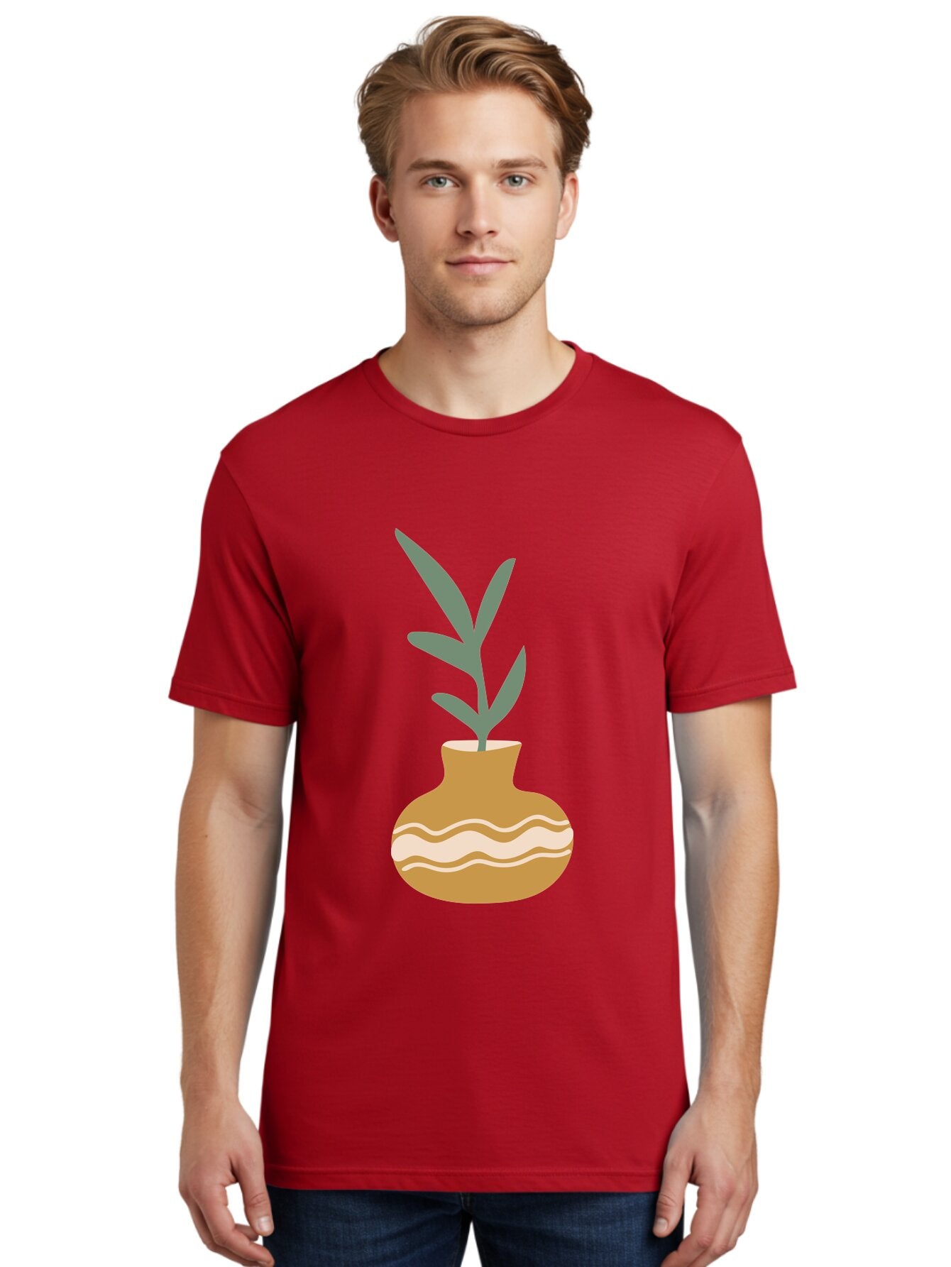 Pot-With-Plant Men'S Graphic Tee, 100% Cotton, Comfortable Casual Summer Wear, Machine Washable, Tan Pot, Wavy Lines, White Accents, Leaves, Plant, Ceramic, Earthy Tones, Simple Design, Botanical Illustration Aae045 26