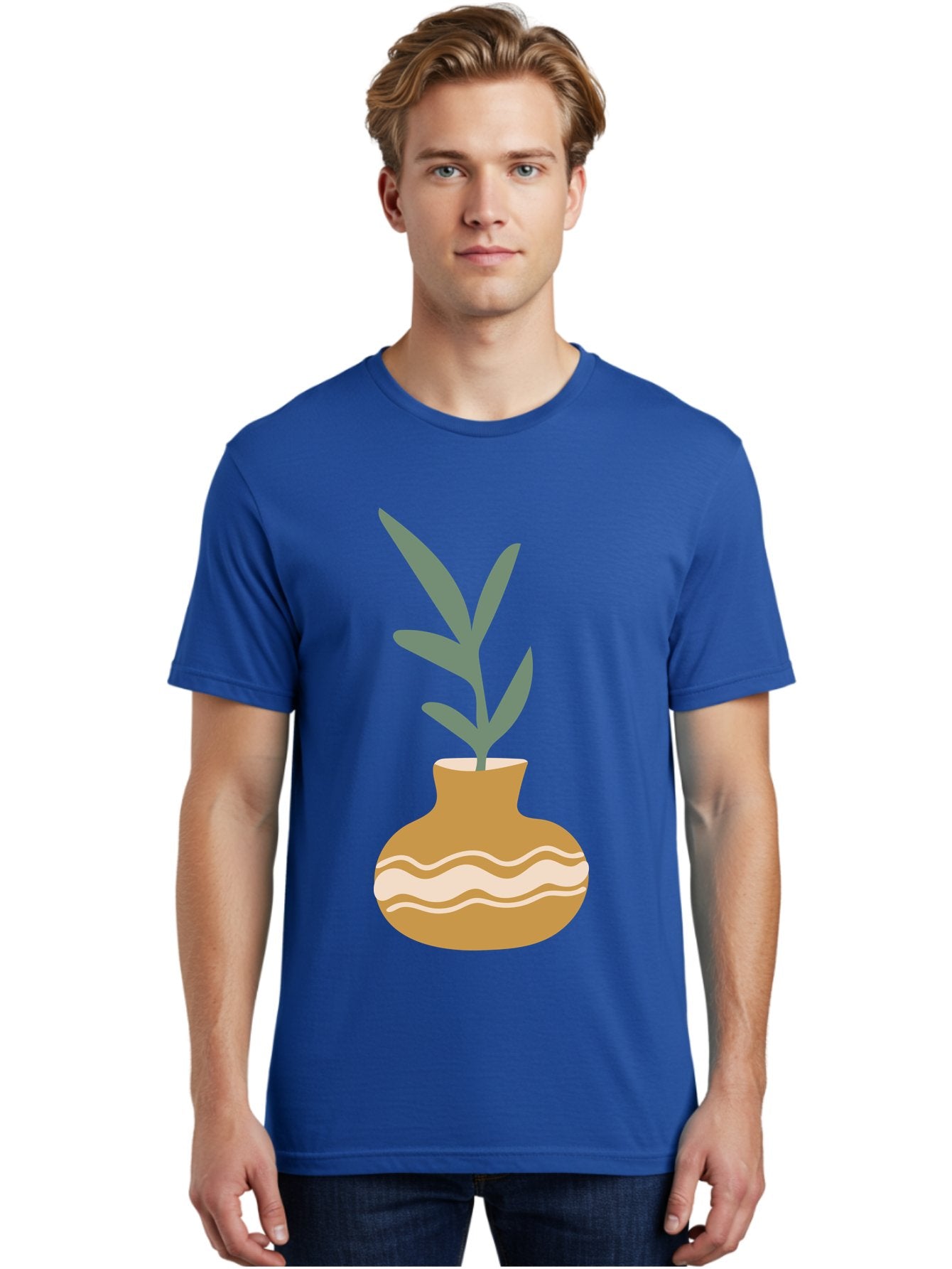 Pot-With-Plant Men'S Graphic Tee, 100% Cotton, Comfortable Casual Summer Wear, Machine Washable, Tan Pot, Wavy Lines, White Accents, Leaves, Plant, Ceramic, Earthy Tones, Simple Design, Botanical Illustration Aae045 23