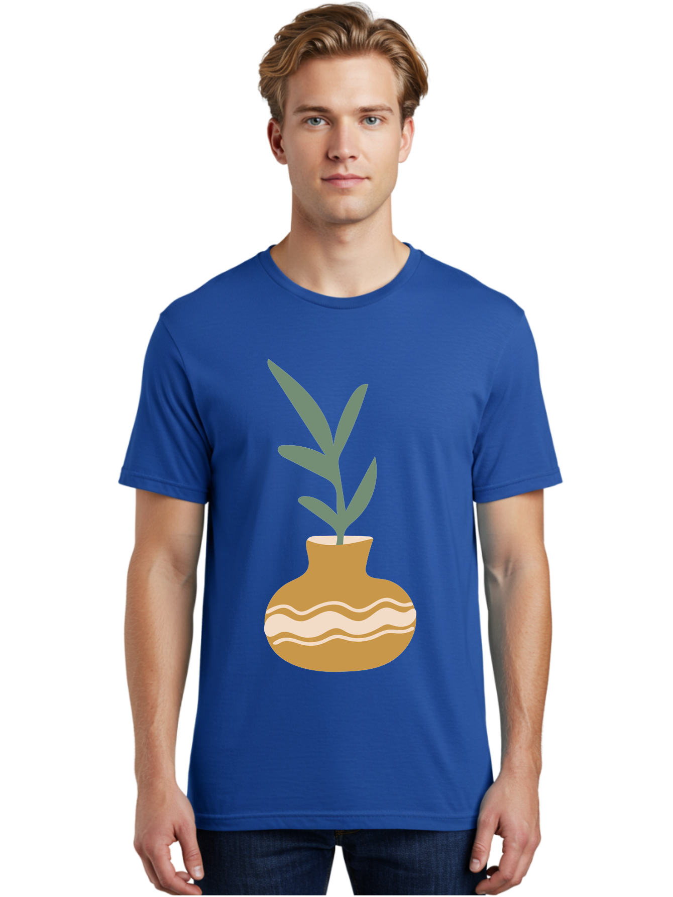 Pot-With-Plant Men'S Graphic Tee, 100% Cotton, Comfortable Casual Summer Wear, Machine Washable, Tan Pot, Wavy Lines, White Accents, Leaves, Plant, Ceramic, Earthy Tones, Simple Design, Botanical Illustration Aae045 16