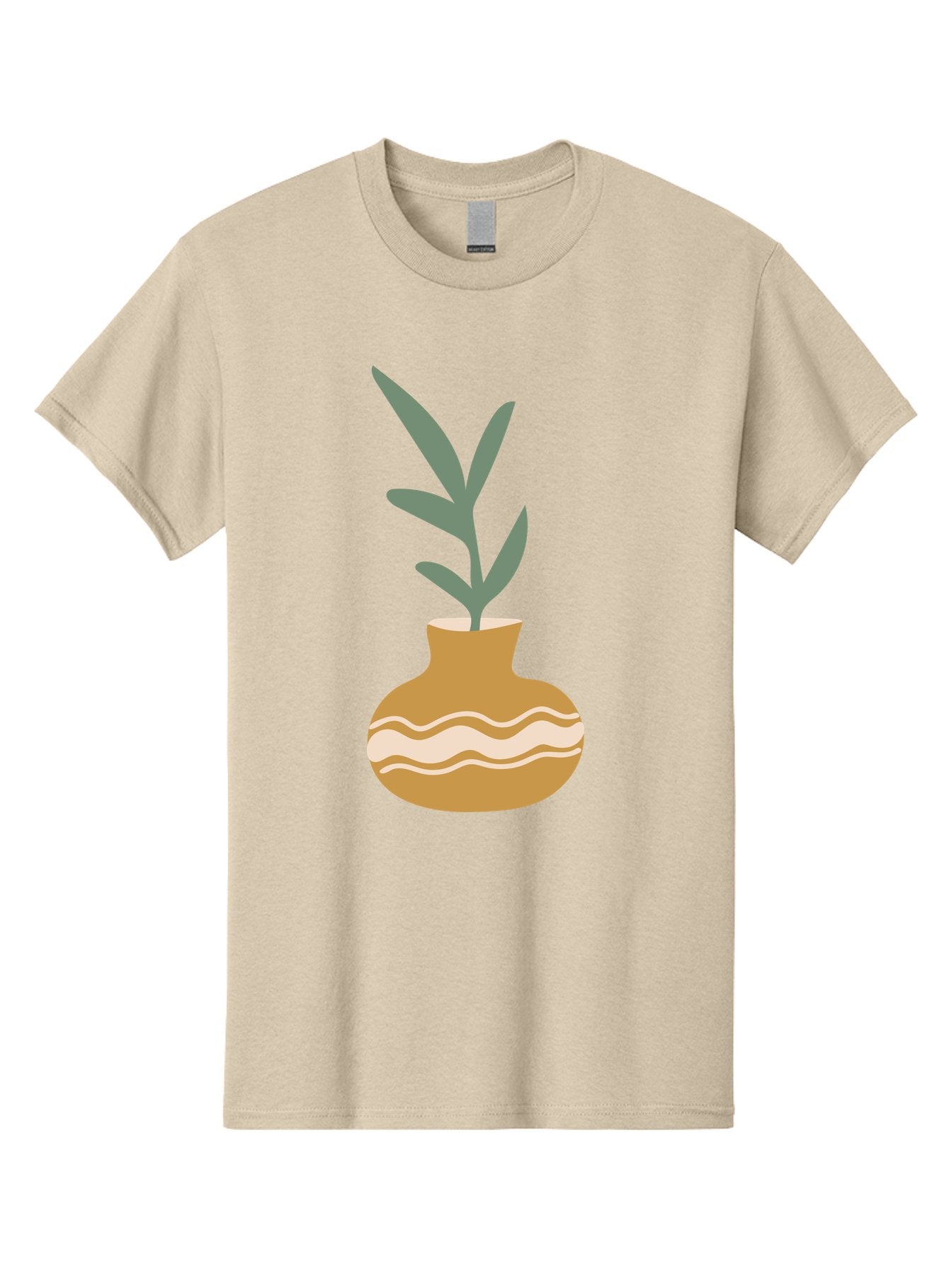 Pot-With-Plant Men'S Graphic Tee, 100% Cotton, Comfortable Casual Summer Wear, Machine Washable, Tan Pot, Wavy Lines, White Accents, Leaves, Plant, Ceramic, Earthy Tones, Simple Design, Botanical Illustration Aae045