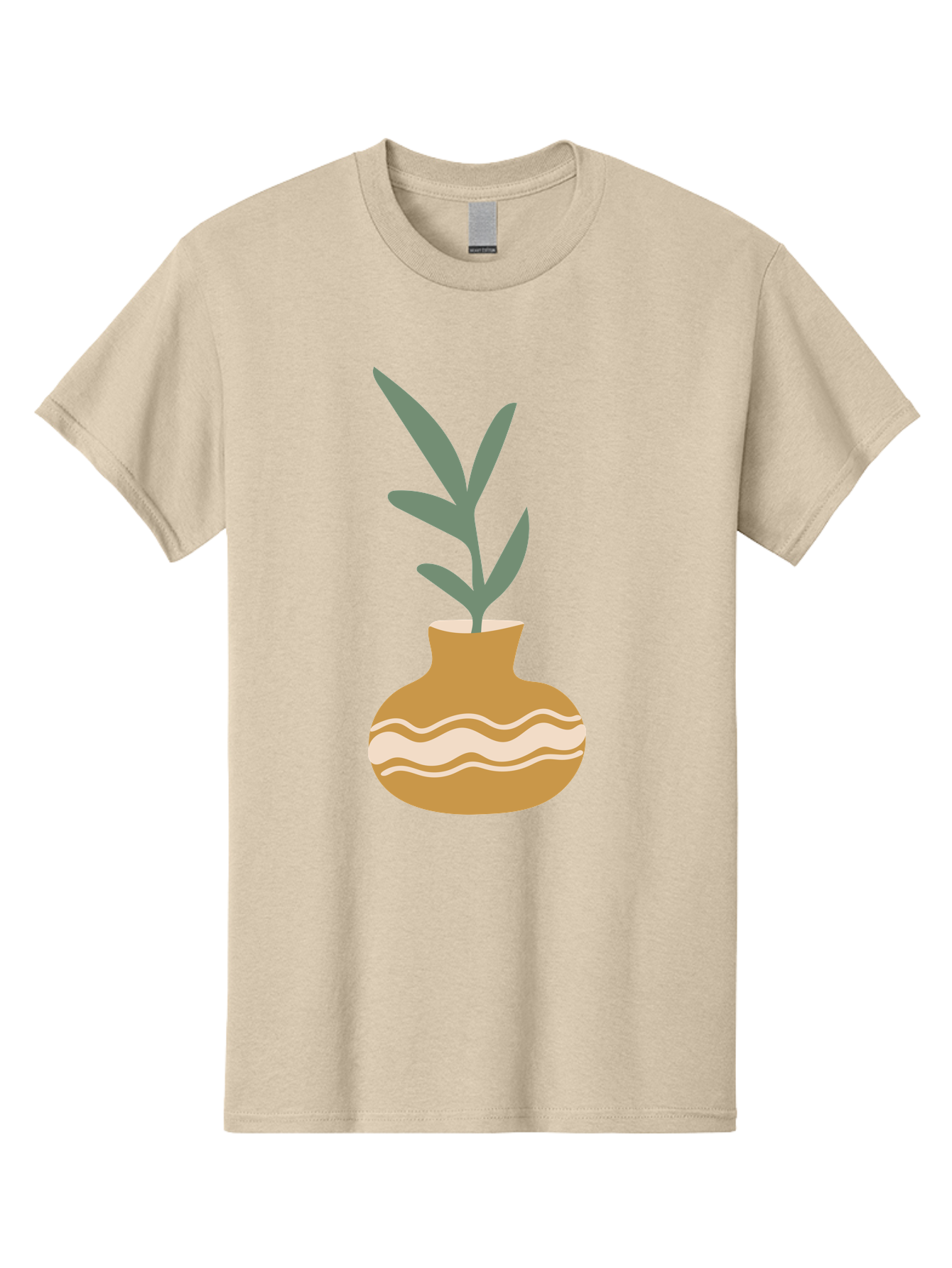 Pot-With-Plant Men'S Graphic Tee, 100% Cotton, Comfortable Casual Summer Wear, Machine Washable, Tan Pot, Wavy Lines, White Accents, Leaves, Plant, Ceramic, Earthy Tones, Simple Design, Botanical Illustration Aae045 19