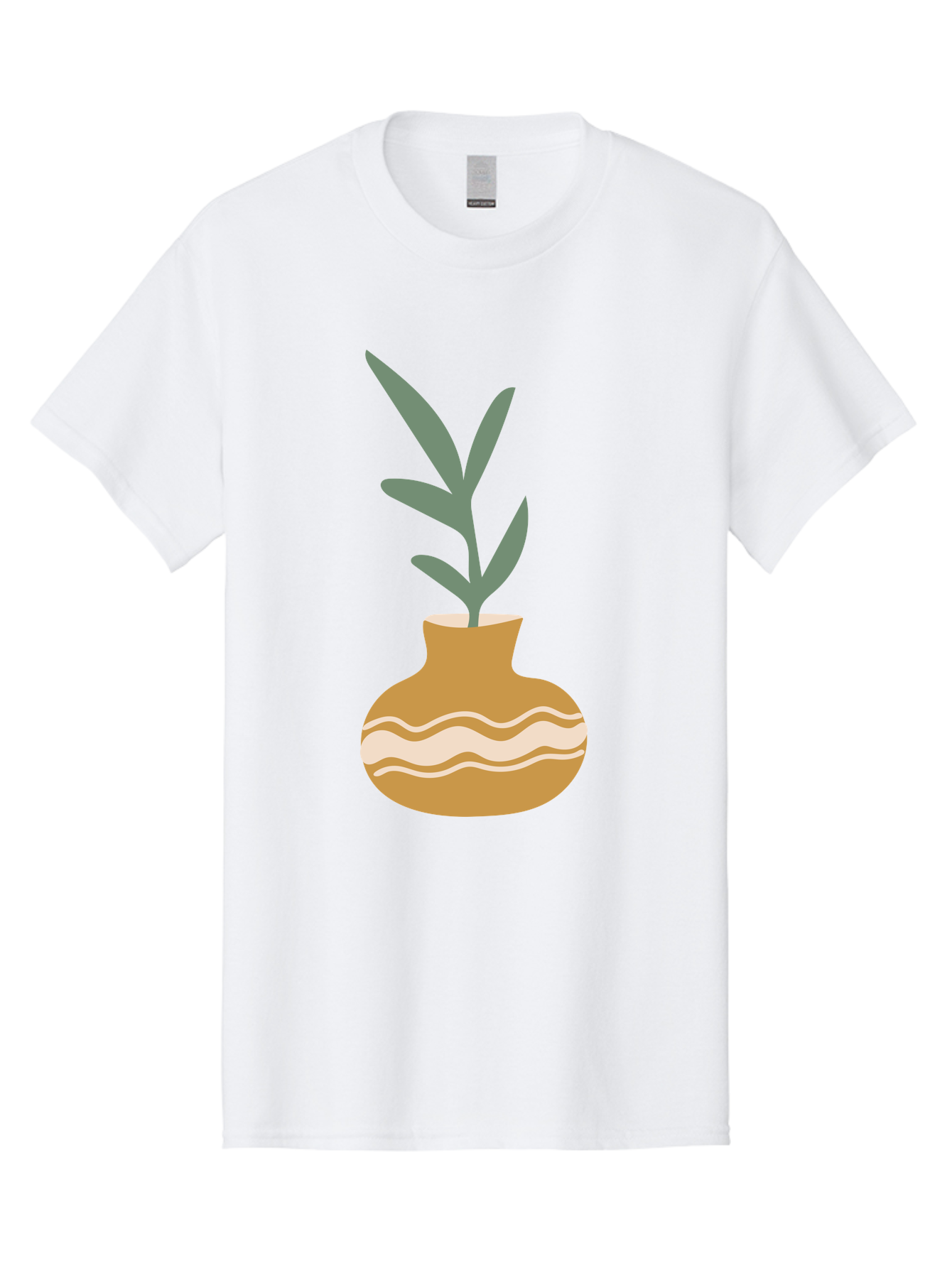 Pot-With-Plant Men'S Graphic Tee, 100% Cotton, Comfortable Casual Summer Wear, Machine Washable, Tan Pot, Wavy Lines, White Accents, Leaves, Plant, Ceramic, Earthy Tones, Simple Design, Botanical Illustration Aae045 25