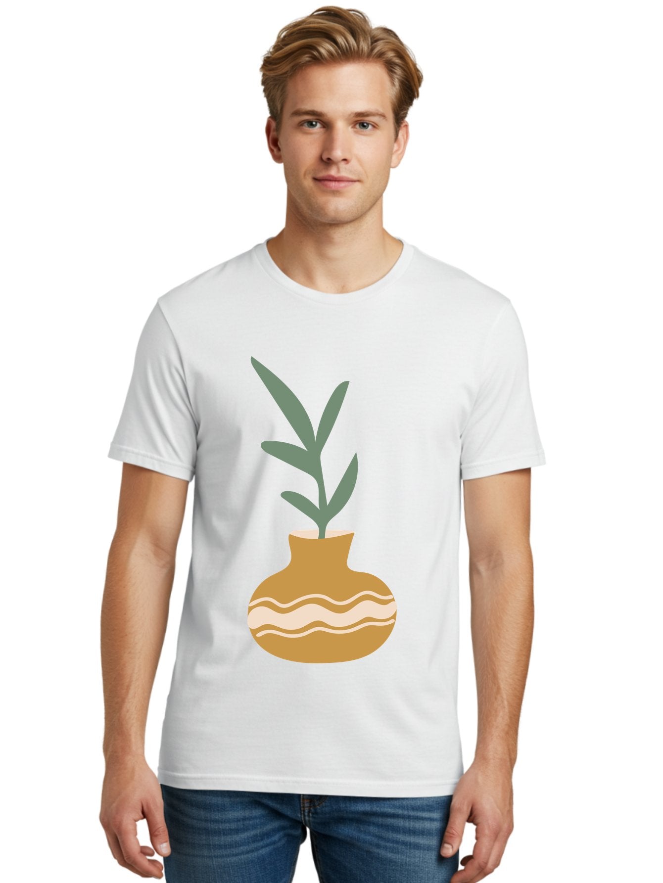 Pot-With-Plant Men'S Graphic Tee, 100% Cotton, Comfortable Casual Summer Wear, Machine Washable, Tan Pot, Wavy Lines, White Accents, Leaves, Plant, Ceramic, Earthy Tones, Simple Design, Botanical Illustration Aae045 16