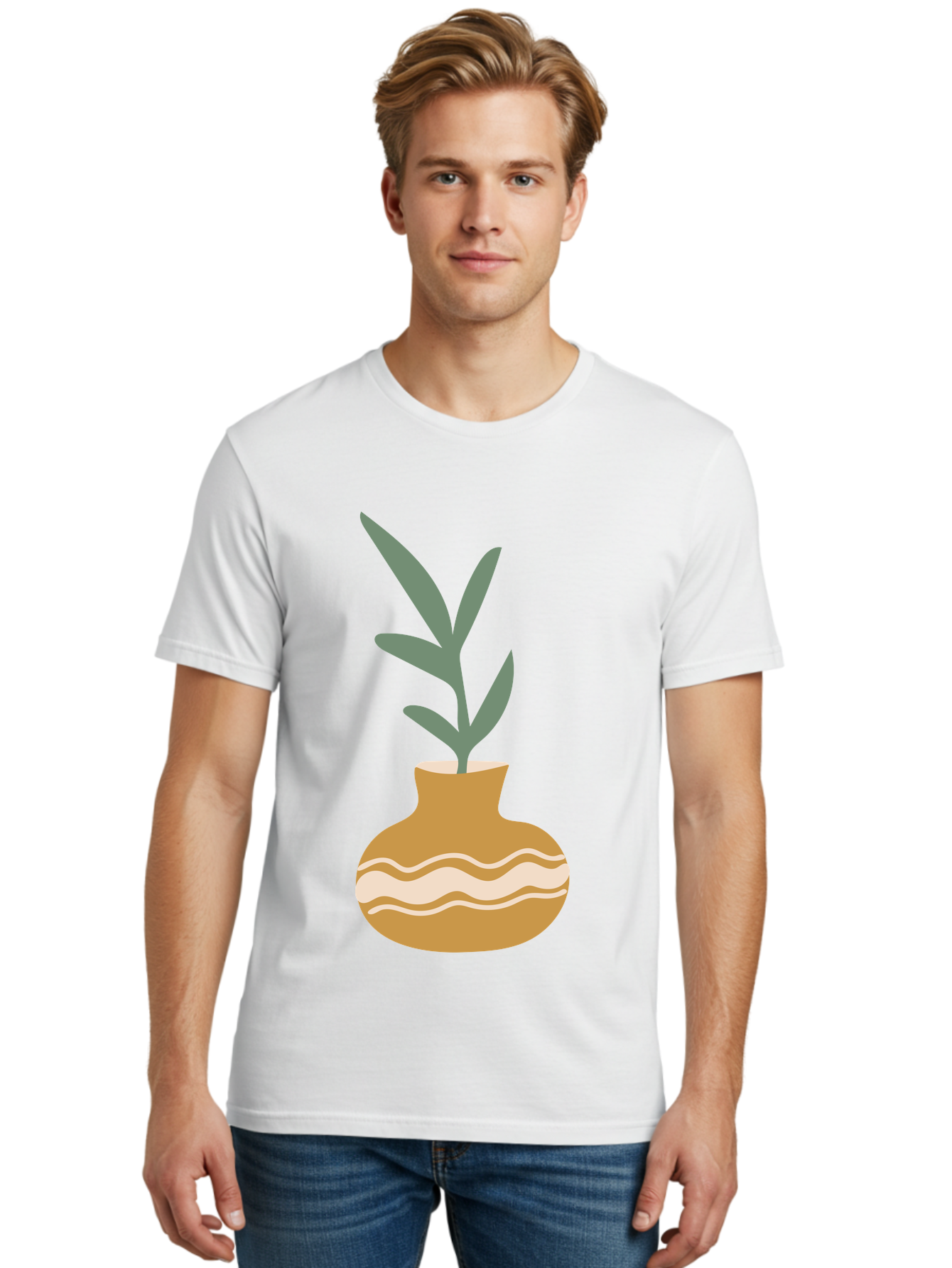 Pot-With-Plant Men'S Graphic Tee, 100% Cotton, Comfortable Casual Summer Wear, Machine Washable, Tan Pot, Wavy Lines, White Accents, Leaves, Plant, Ceramic, Earthy Tones, Simple Design, Botanical Illustration Aae045 26