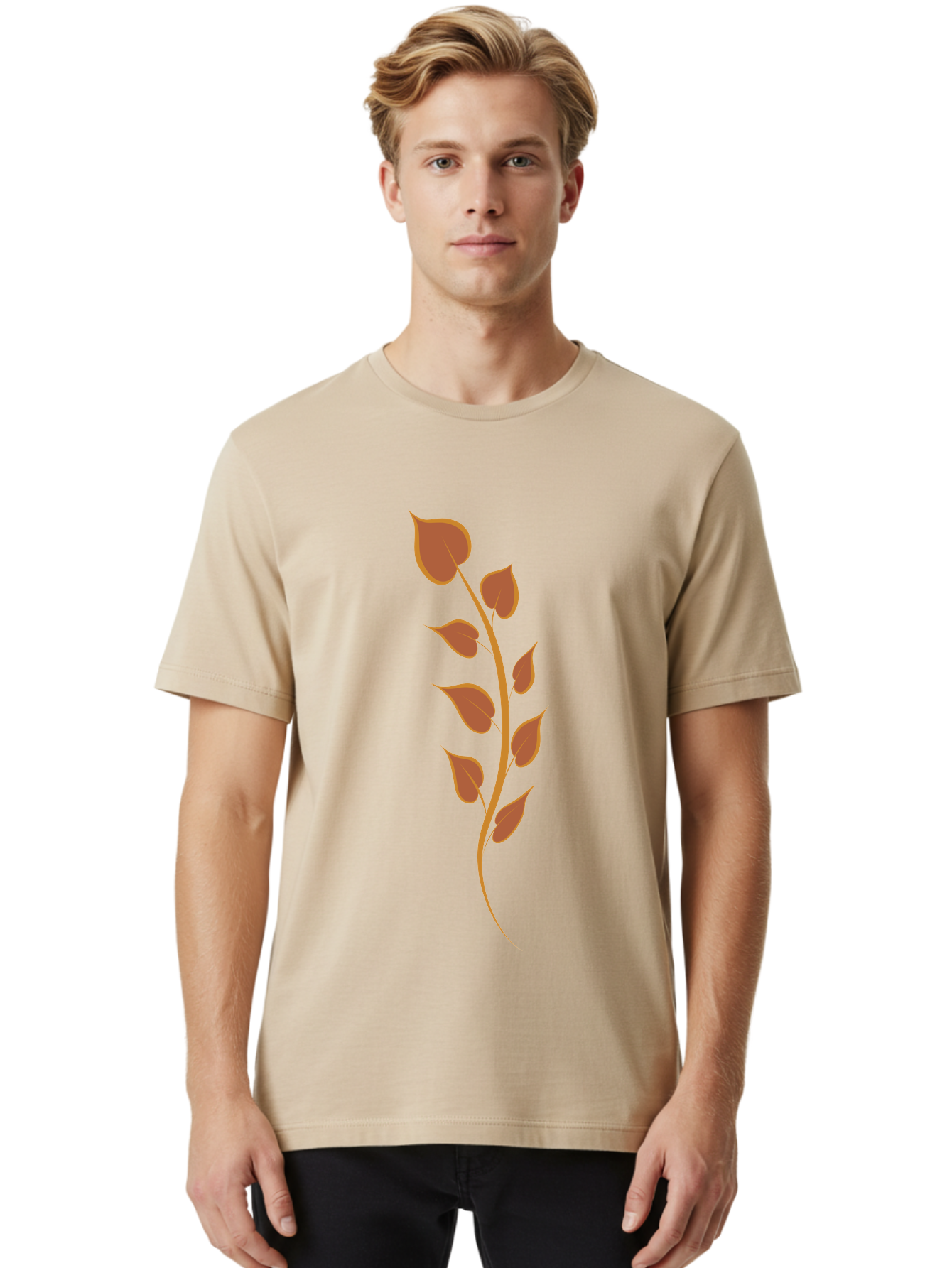 Red-Leaves-Stem Men'S Graphic Tee, 100% Cotton, Comfortable Casual Summer Wear, Machine Washable, Red Stem, Red Leaves, Simple Design, Digital Illustration, Botanical Art, Minimalist Style, Leaf Pattern, Graphic Element Aae048 24