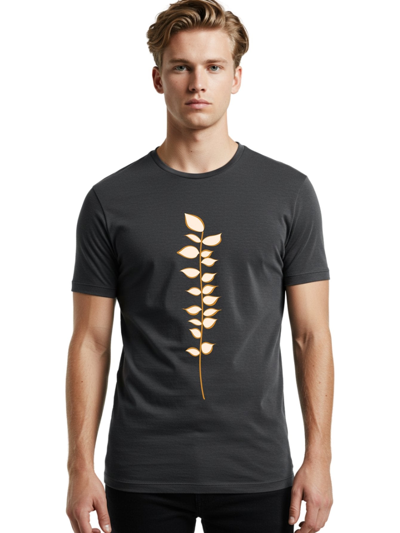 Stem-With-Leaves Men'S Graphic Tee, 100% Cotton, Comfortable Casual Summer Wear, Machine Washable, Stem With Leaves, Minimalist Design, Simple Graphics, Botanical Illustration, Leafy Stem, Digital Art, Modern Graphic Design Aae055 19