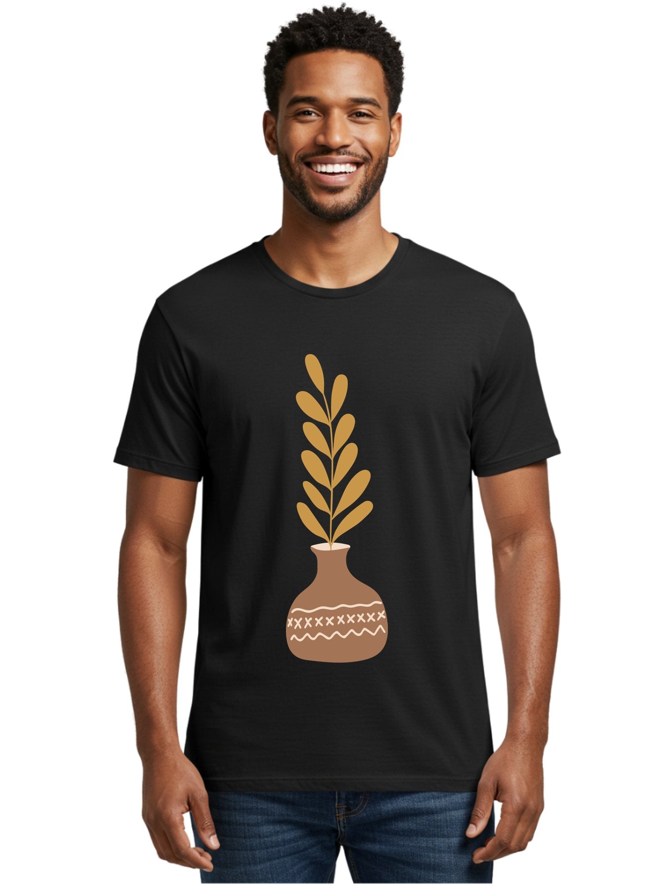 Terracotta-Vase-With-Plant Men'S Graphic Tee, 100% Cotton, Comfortable Casual Summer Wear, Machine Washable, Clay Pot, Decorative Vase, Potted Plant, Earthy Tones, Simple Design, Bohemian Style, Minimalist Art, Home Decor, Natural Elements Aae059 16