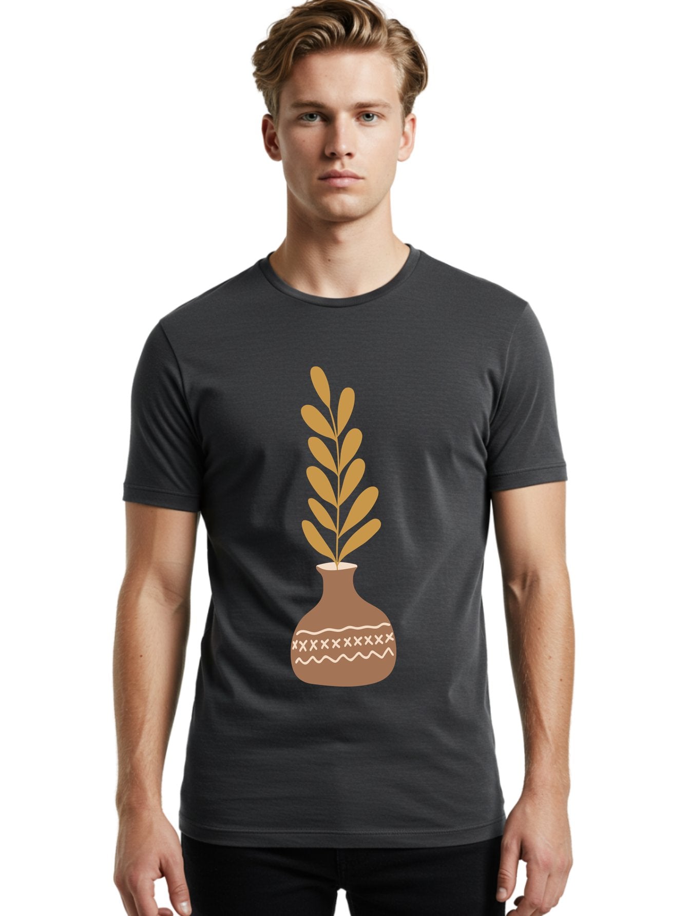 Terracotta-Vase-With-Plant Men'S Graphic Tee, 100% Cotton, Comfortable Casual Summer Wear, Machine Washable, Clay Pot, Decorative Vase, Potted Plant, Earthy Tones, Simple Design, Bohemian Style, Minimalist Art, Home Decor, Natural Elements Aae059 21
