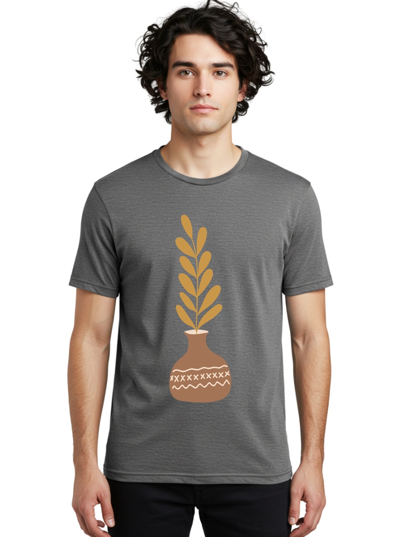 Terracotta-Vase-With-Plant Men'S Graphic Tee, 100% Cotton, Comfortable Casual Summer Wear, Machine Washable, Clay Pot, Decorative Vase, Potted Plant, Earthy Tones, Simple Design, Bohemian Style, Minimalist Art, Home Decor, Natural Elements Aae059 24