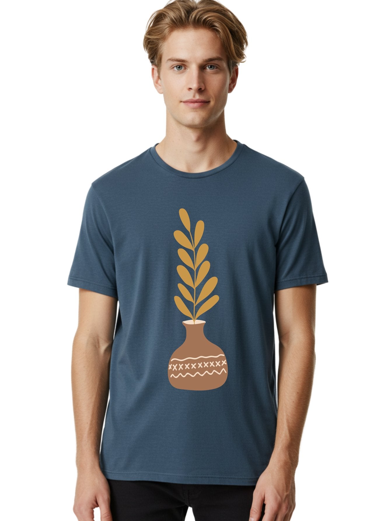 Terracotta-Vase-With-Plant Men'S Graphic Tee, 100% Cotton, Comfortable Casual Summer Wear, Machine Washable, Clay Pot, Decorative Vase, Potted Plant, Earthy Tones, Simple Design, Bohemian Style, Minimalist Art, Home Decor, Natural Elements Aae059 25