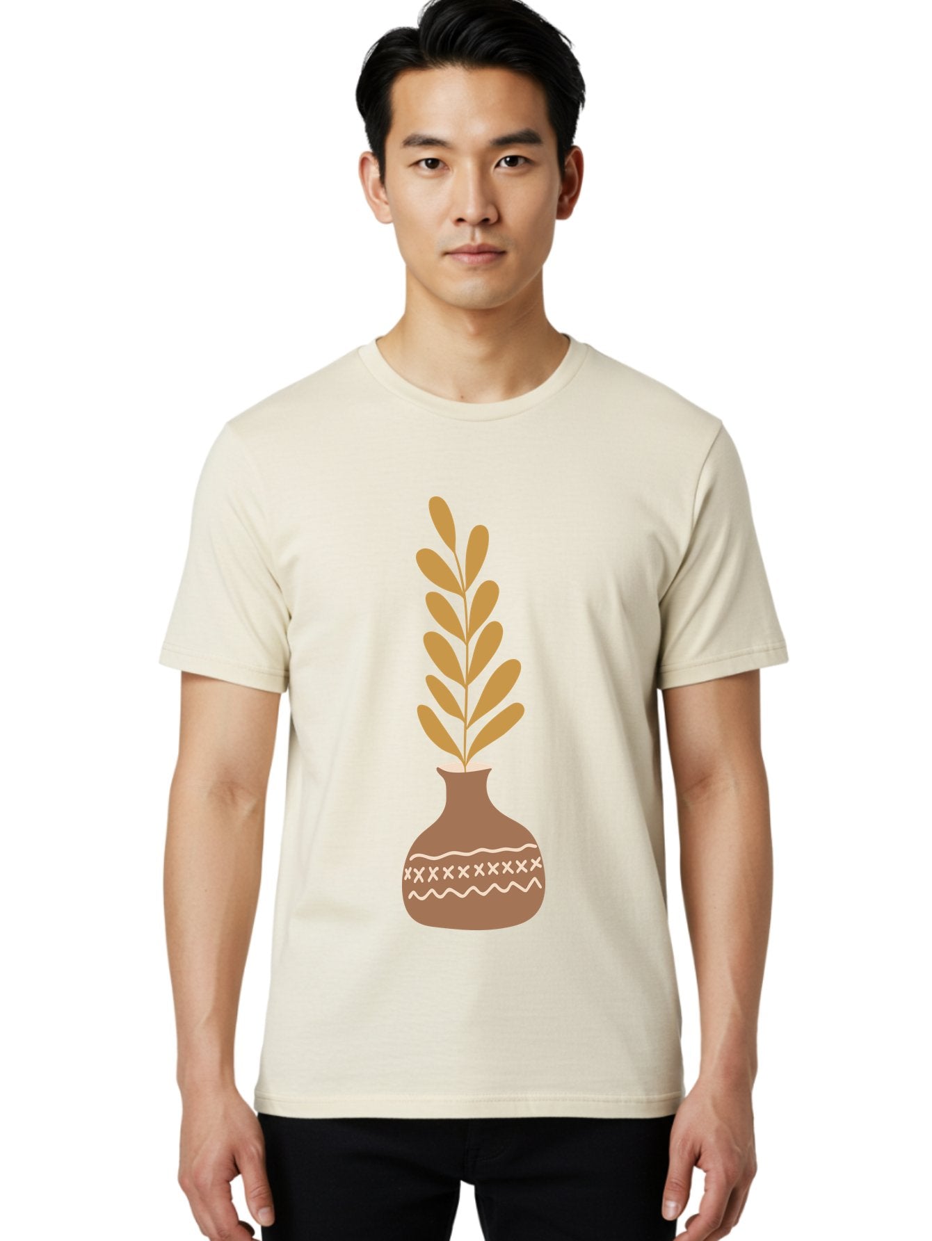 Terracotta-Vase-With-Plant Men'S Graphic Tee, 100% Cotton, Comfortable Casual Summer Wear, Machine Washable, Clay Pot, Decorative Vase, Potted Plant, Earthy Tones, Simple Design, Bohemian Style, Minimalist Art, Home Decor, Natural Elements Aae059 29