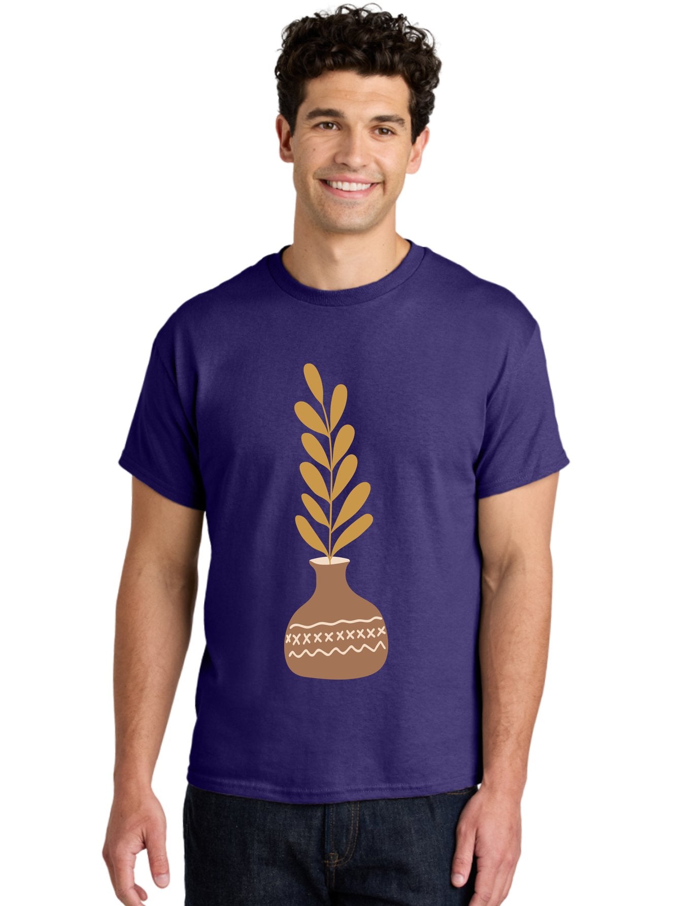 Terracotta-Vase-With-Plant Men'S Graphic Tee, 100% Cotton, Comfortable Casual Summer Wear, Machine Washable, Clay Pot, Decorative Vase, Potted Plant, Earthy Tones, Simple Design, Bohemian Style, Minimalist Art, Home Decor, Natural Elements Aae059 23