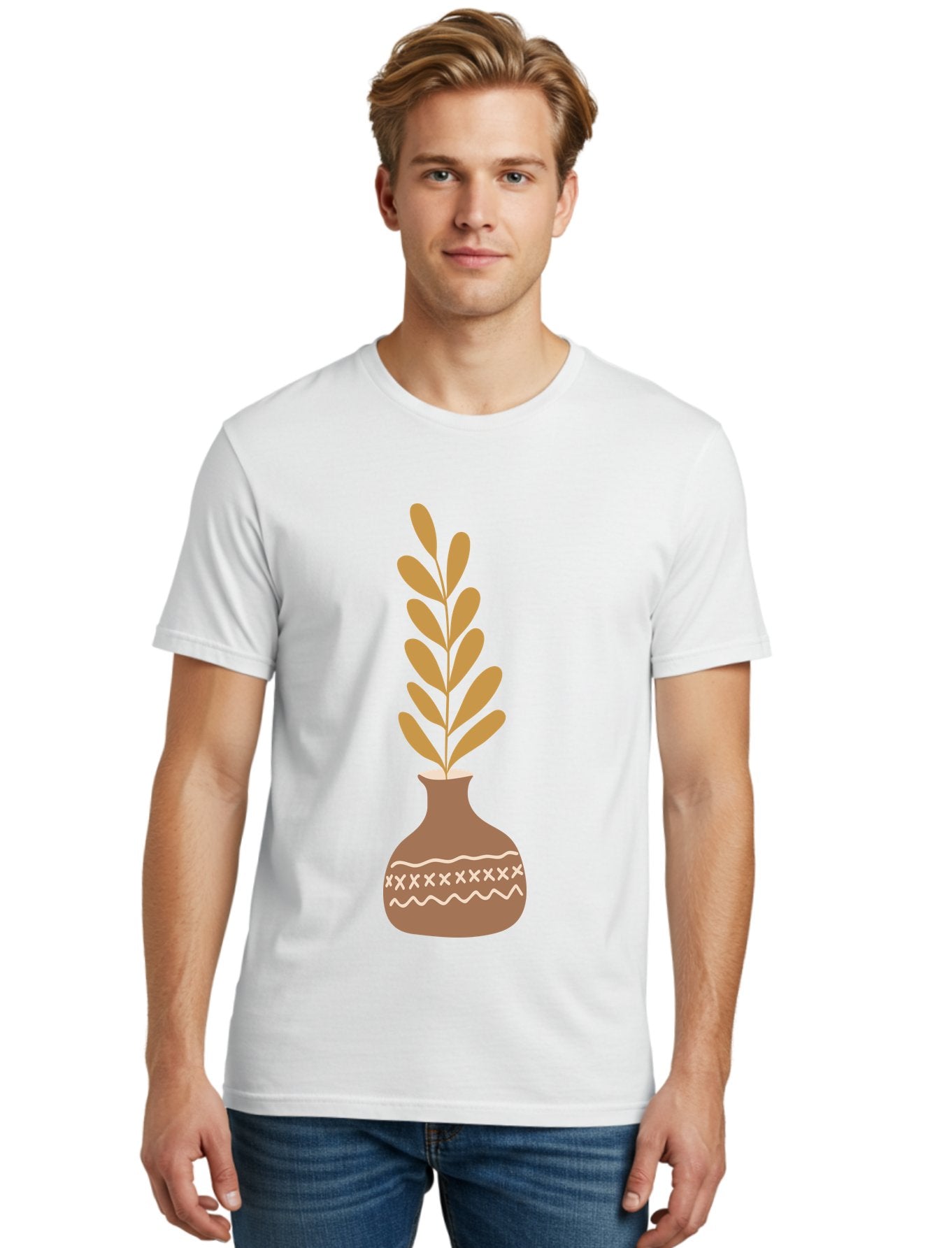 Terracotta-Vase-With-Plant Men'S Graphic Tee, 100% Cotton, Comfortable Casual Summer Wear, Machine Washable, Clay Pot, Decorative Vase, Potted Plant, Earthy Tones, Simple Design, Bohemian Style, Minimalist Art, Home Decor, Natural Elements Aae059 22