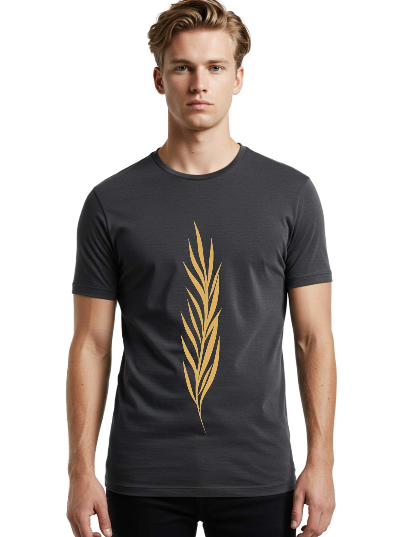 Wheat Men'S Graphic Tee, 100% Cotton, Comfortable Casual Summer Wear, Machine Washable, Palm Frond, Tropical Leaf, Minimalist Design, Simple Graphics, Beige Colors, Symmetrical Shape, Abstract Art Aae061 24