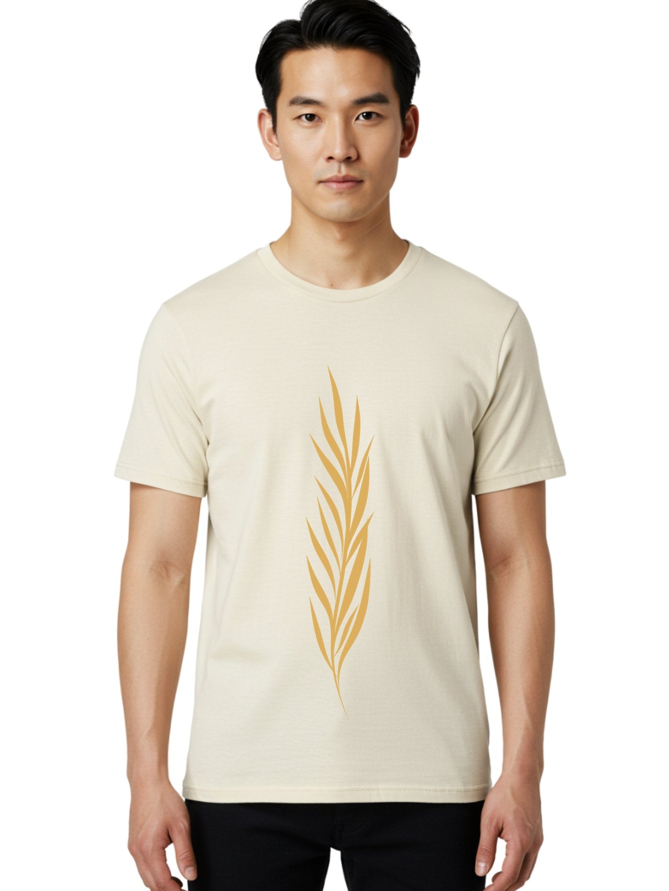 Wheat Men'S Graphic Tee, 100% Cotton, Comfortable Casual Summer Wear, Machine Washable, Palm Frond, Tropical Leaf, Minimalist Design, Simple Graphics, Beige Colors, Symmetrical Shape, Abstract Art Aae061 21