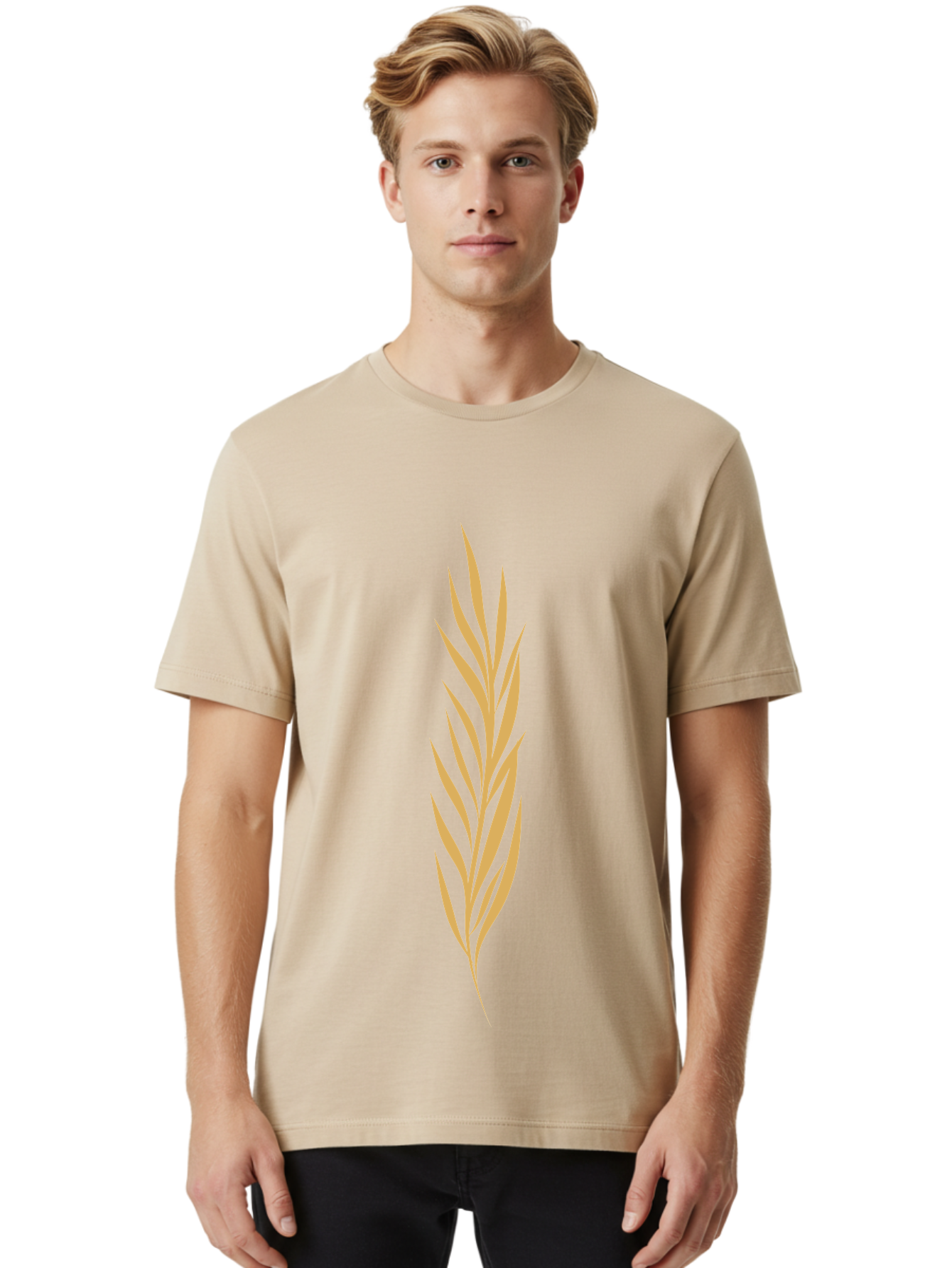 Wheat Men'S Graphic Tee, 100% Cotton, Comfortable Casual Summer Wear, Machine Washable, Palm Frond, Tropical Leaf, Minimalist Design, Simple Graphics, Beige Colors, Symmetrical Shape, Abstract Art Aae061