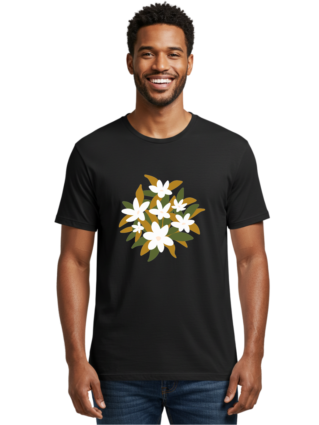 White-Flowers Men'S Graphic Tee, 100% Cotton, Comfortable Casual Summer Wear, Machine Washable, White Flowers, Garden Flowers, Floral Arrangement, Leafy Greens, Brown Leaves, Blooming Flowers, Flower Bouquet, Simple Design Aae062 14