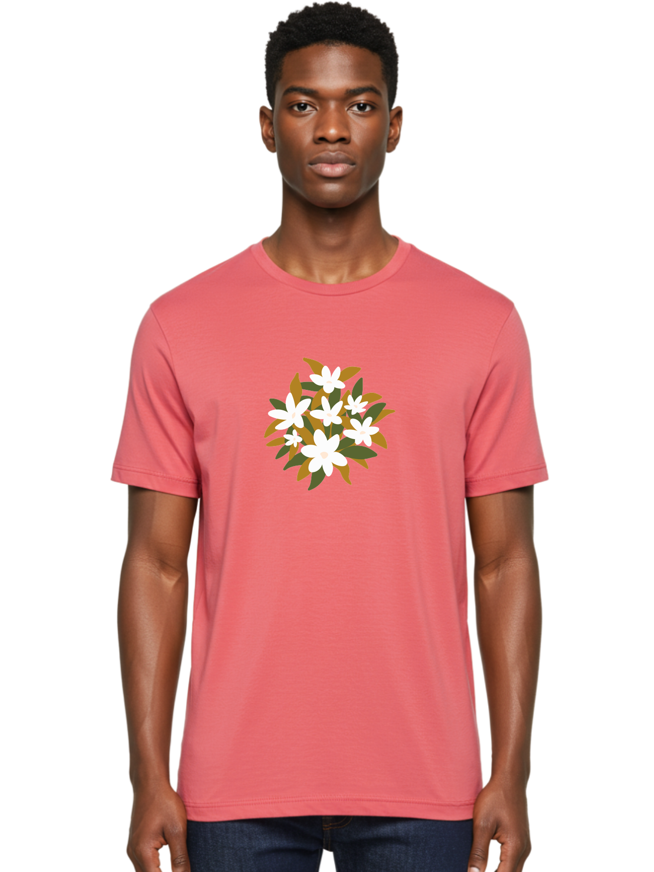 White-Flowers Men'S Graphic Tee, 100% Cotton, Comfortable Casual Summer Wear, Machine Washable, White Flowers, Garden Flowers, Floral Arrangement, Leafy Greens, Brown Leaves, Blooming Flowers, Flower Bouquet, Simple Design Aae062