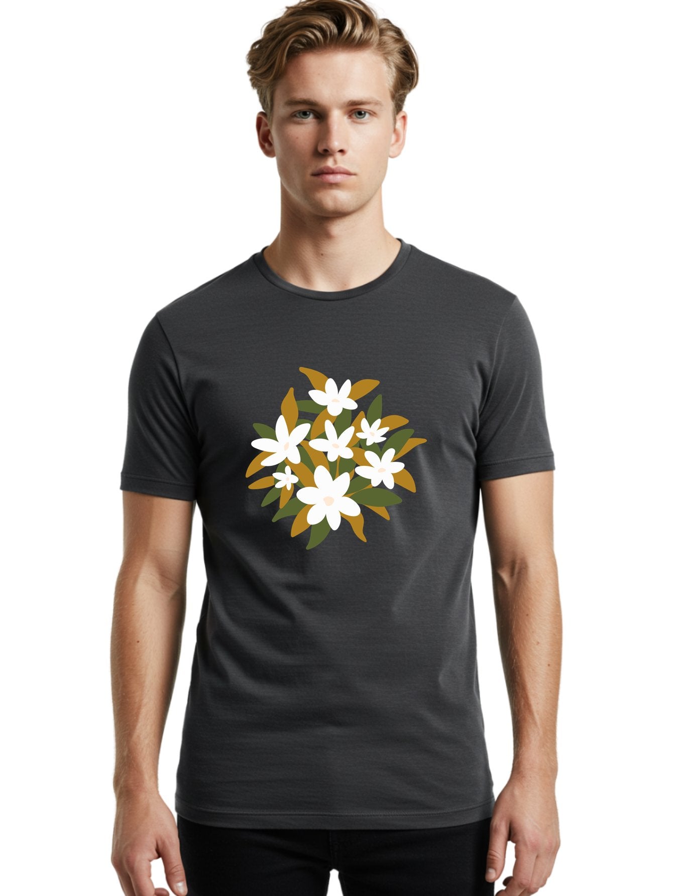 White-Flowers Men'S Graphic Tee, 100% Cotton, Comfortable Casual Summer Wear, Machine Washable, White Flowers, Garden Flowers, Floral Arrangement, Leafy Greens, Brown Leaves, Blooming Flowers, Flower Bouquet, Simple Design Aae062 17