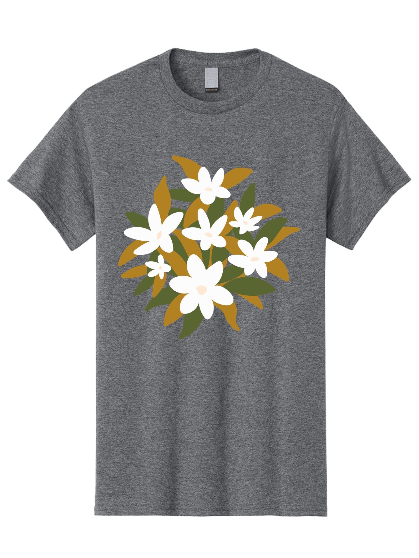 White-Flowers Men'S Graphic Tee, 100% Cotton, Comfortable Casual Summer Wear, Machine Washable, White Flowers, Garden Flowers, Floral Arrangement, Leafy Greens, Brown Leaves, Blooming Flowers, Flower Bouquet, Simple Design Aae062