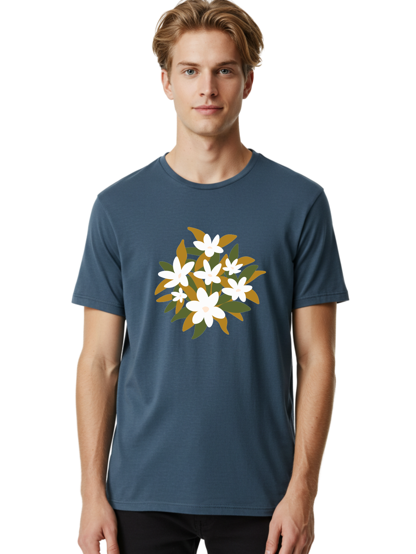 White-Flowers Men'S Graphic Tee, 100% Cotton, Comfortable Casual Summer Wear, Machine Washable, White Flowers, Garden Flowers, Floral Arrangement, Leafy Greens, Brown Leaves, Blooming Flowers, Flower Bouquet, Simple Design Aae062 30