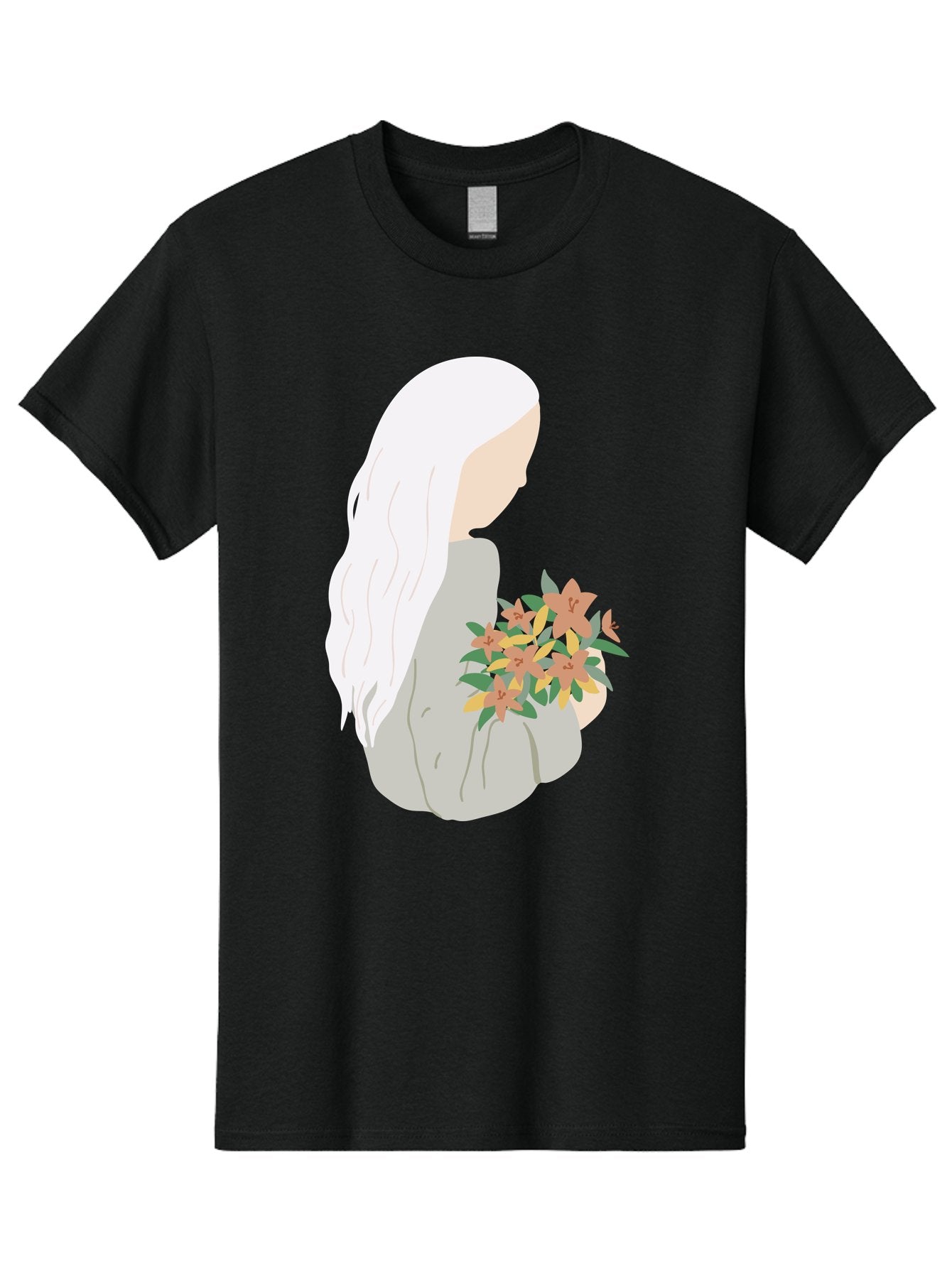 Woman-Holding-Flowers Men'S Graphic Tee, 100% Cotton, Comfortable Casual Summer Wear, Machine Washable, Woman With White Hair, Holding Flowers, Floral Arrangement, Pastel Colors, Gentle Gesture, Soft Illustration, Minimalist Style, Aae063