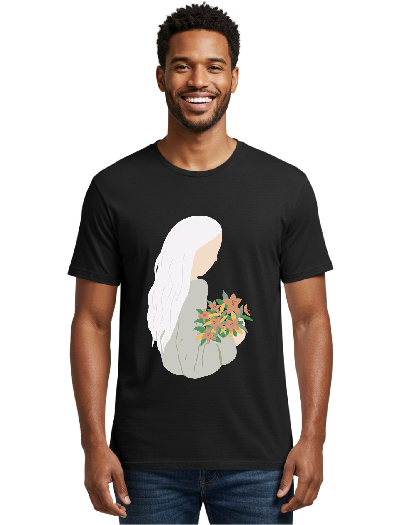 Woman-Holding-Flowers Men'S Graphic Tee, 100% Cotton, Comfortable Casual Summer Wear, Machine Washable, Woman With White Hair, Holding Flowers, Floral Arrangement, Pastel Colors, Gentle Gesture, Soft Illustration, Minimalist Style, Aae063 21