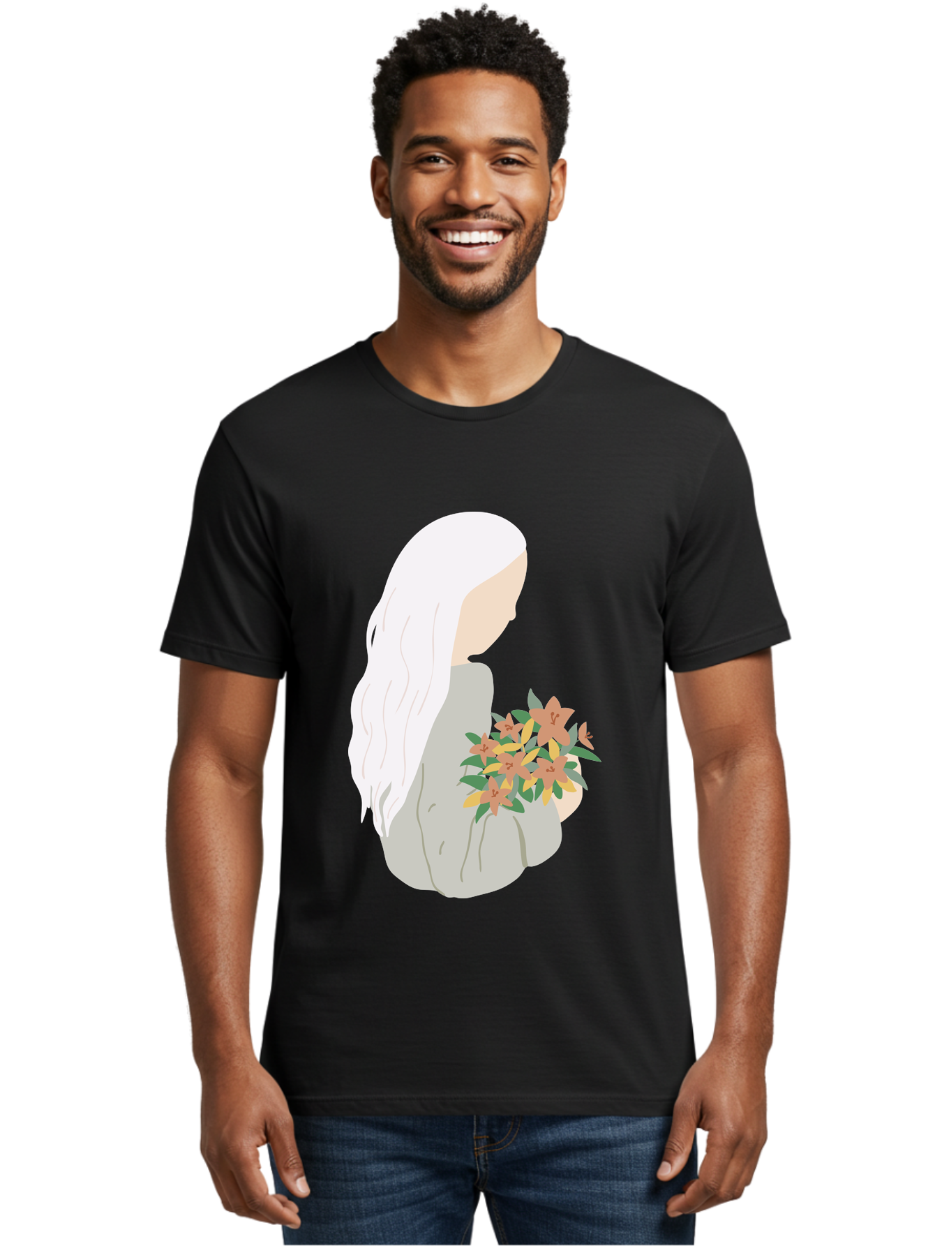 Woman-Holding-Flowers Men'S Graphic Tee, 100% Cotton, Comfortable Casual Summer Wear, Machine Washable, Woman With White Hair, Holding Flowers, Floral Arrangement, Pastel Colors, Gentle Gesture, Soft Illustration, Minimalist Style, Aae063 20