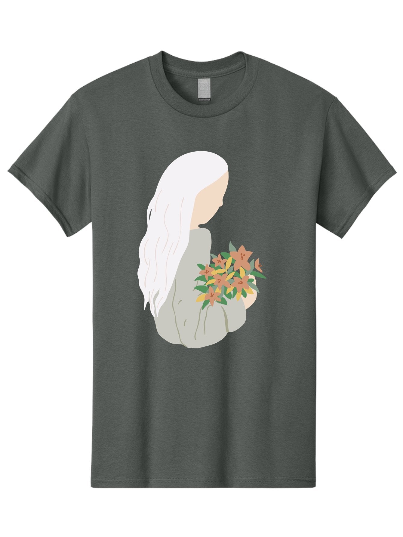 Woman-Holding-Flowers Men'S Graphic Tee, 100% Cotton, Comfortable Casual Summer Wear, Machine Washable, Woman With White Hair, Holding Flowers, Floral Arrangement, Pastel Colors, Gentle Gesture, Soft Illustration, Minimalist Style, Aae063 8