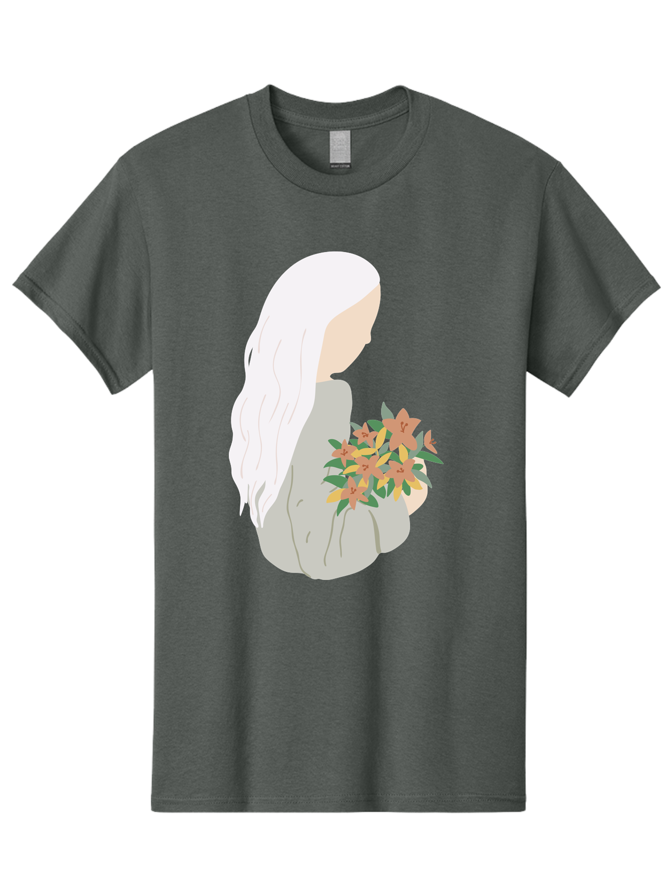 Woman-Holding-Flowers Men'S Graphic Tee, 100% Cotton, Comfortable Casual Summer Wear, Machine Washable, Woman With White Hair, Holding Flowers, Floral Arrangement, Pastel Colors, Gentle Gesture, Soft Illustration, Minimalist Style, Aae063 11