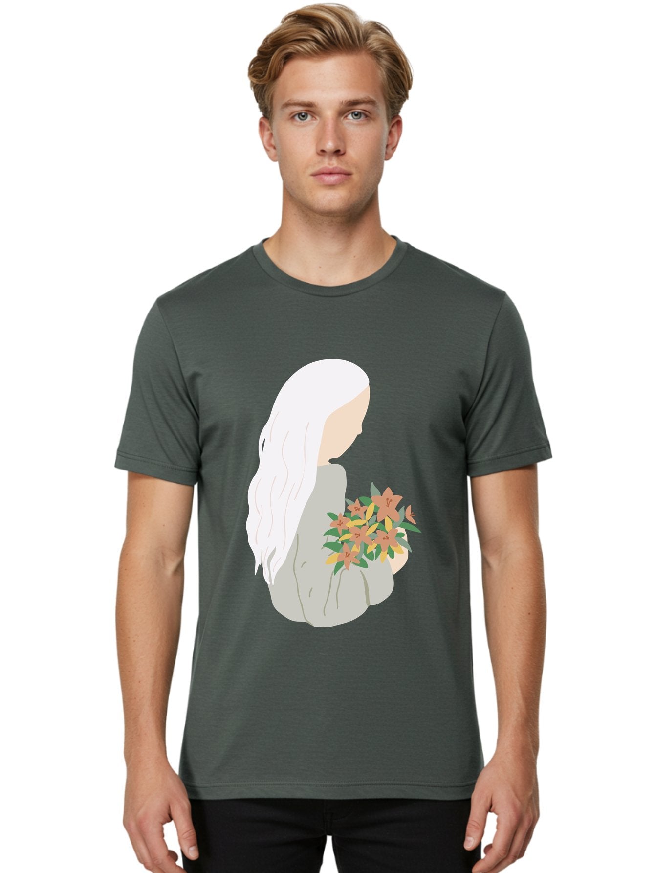 Woman-Holding-Flowers Men'S Graphic Tee, 100% Cotton, Comfortable Casual Summer Wear, Machine Washable, Woman With White Hair, Holding Flowers, Floral Arrangement, Pastel Colors, Gentle Gesture, Soft Illustration, Minimalist Style, Aae063 25