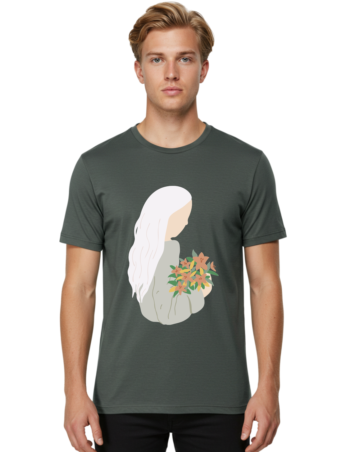 Woman-Holding-Flowers Men'S Graphic Tee, 100% Cotton, Comfortable Casual Summer Wear, Machine Washable, Woman With White Hair, Holding Flowers, Floral Arrangement, Pastel Colors, Gentle Gesture, Soft Illustration, Minimalist Style, Aae063 12