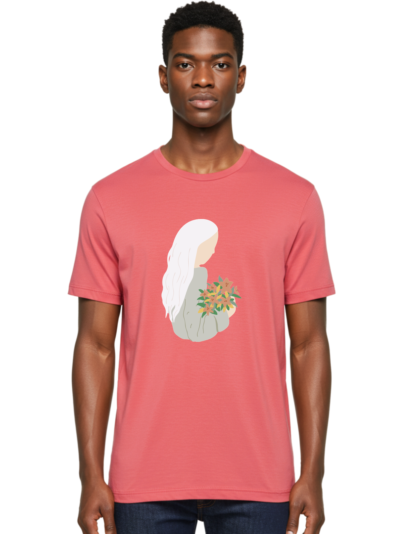 Woman-Holding-Flowers Men'S Graphic Tee, 100% Cotton, Comfortable Casual Summer Wear, Machine Washable, Woman With White Hair, Holding Flowers, Floral Arrangement, Pastel Colors, Gentle Gesture, Soft Illustration, Minimalist Style, Aae063