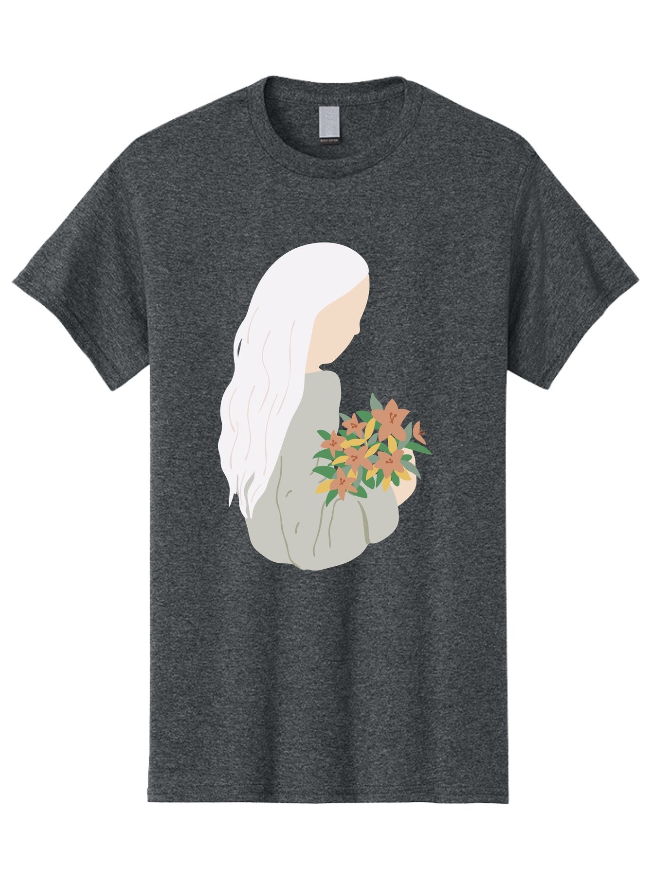 Woman-Holding-Flowers Men'S Graphic Tee, 100% Cotton, Comfortable Casual Summer Wear, Machine Washable, Woman With White Hair, Holding Flowers, Floral Arrangement, Pastel Colors, Gentle Gesture, Soft Illustration, Minimalist Style, Aae063 6