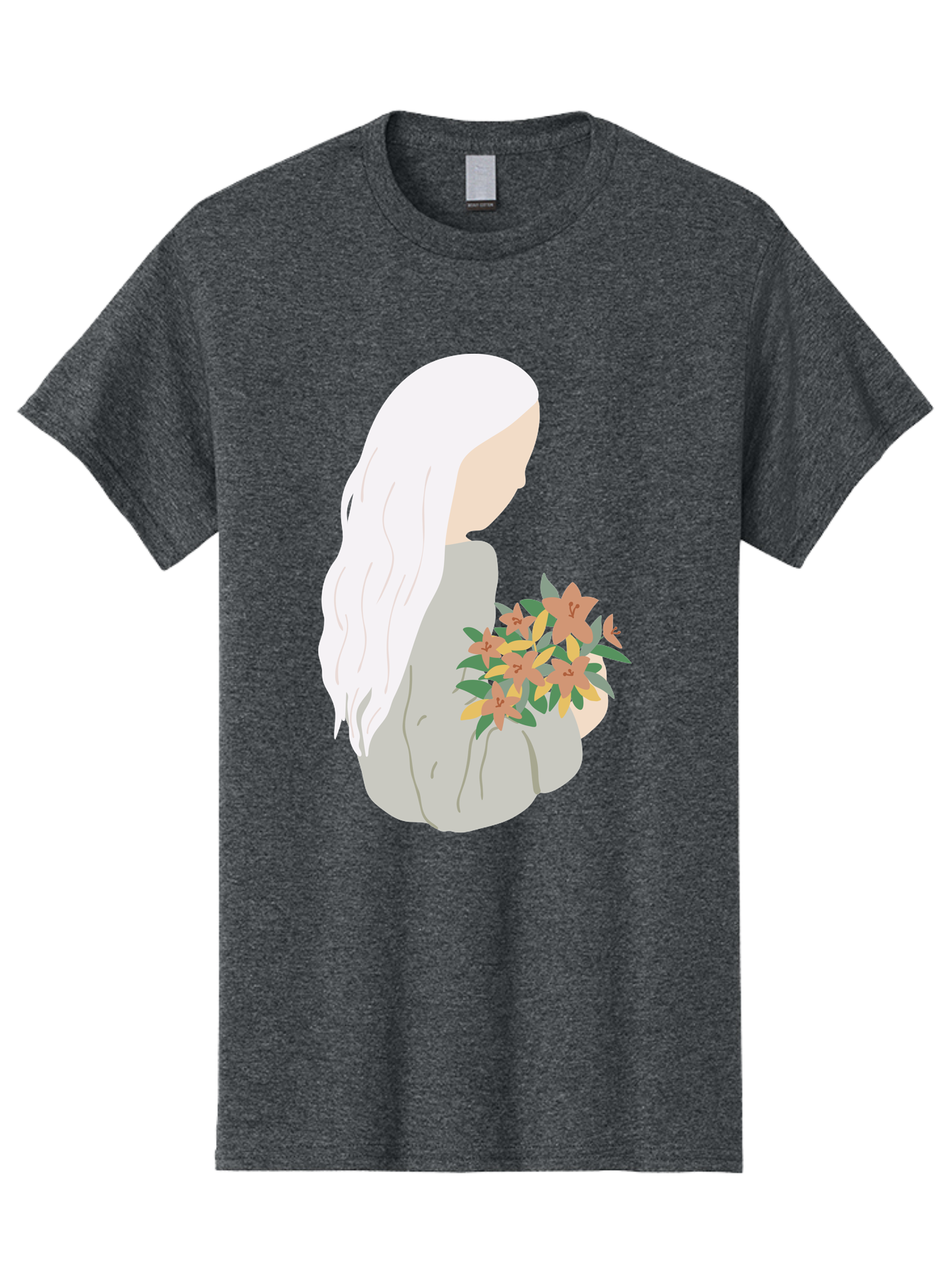 Woman-Holding-Flowers Men'S Graphic Tee, 100% Cotton, Comfortable Casual Summer Wear, Machine Washable, Woman With White Hair, Holding Flowers, Floral Arrangement, Pastel Colors, Gentle Gesture, Soft Illustration, Minimalist Style, Aae063 13