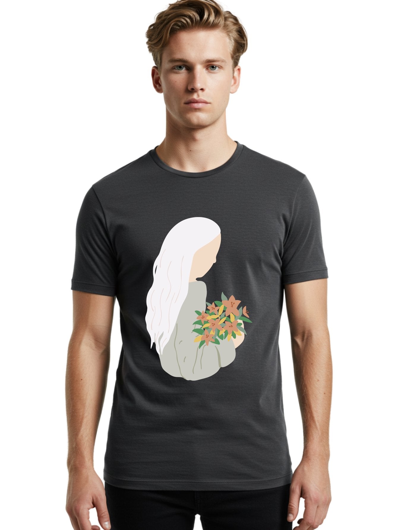 Woman-Holding-Flowers Men'S Graphic Tee, 100% Cotton, Comfortable Casual Summer Wear, Machine Washable, Woman With White Hair, Holding Flowers, Floral Arrangement, Pastel Colors, Gentle Gesture, Soft Illustration, Minimalist Style, Aae063 24
